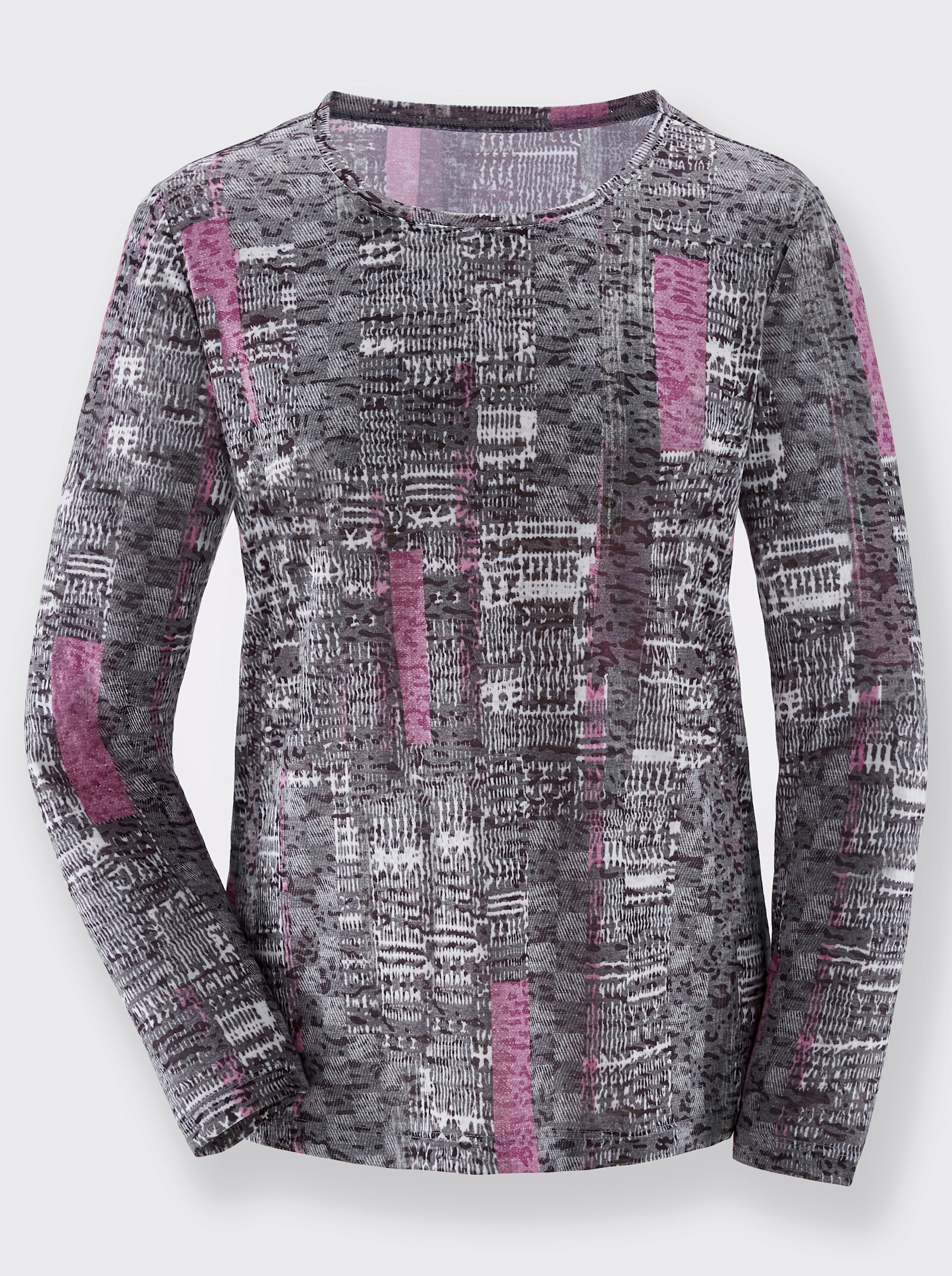 Rundhalsshirt mit Rundhals-Ausschnitt - orchidee-graphit-bedruckt