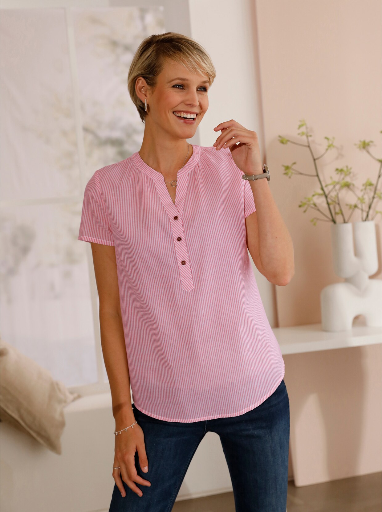 Comfortabele blouse - flamingo gestreept