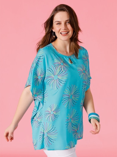 Blouse m. korte mouwen - turquoise geprint