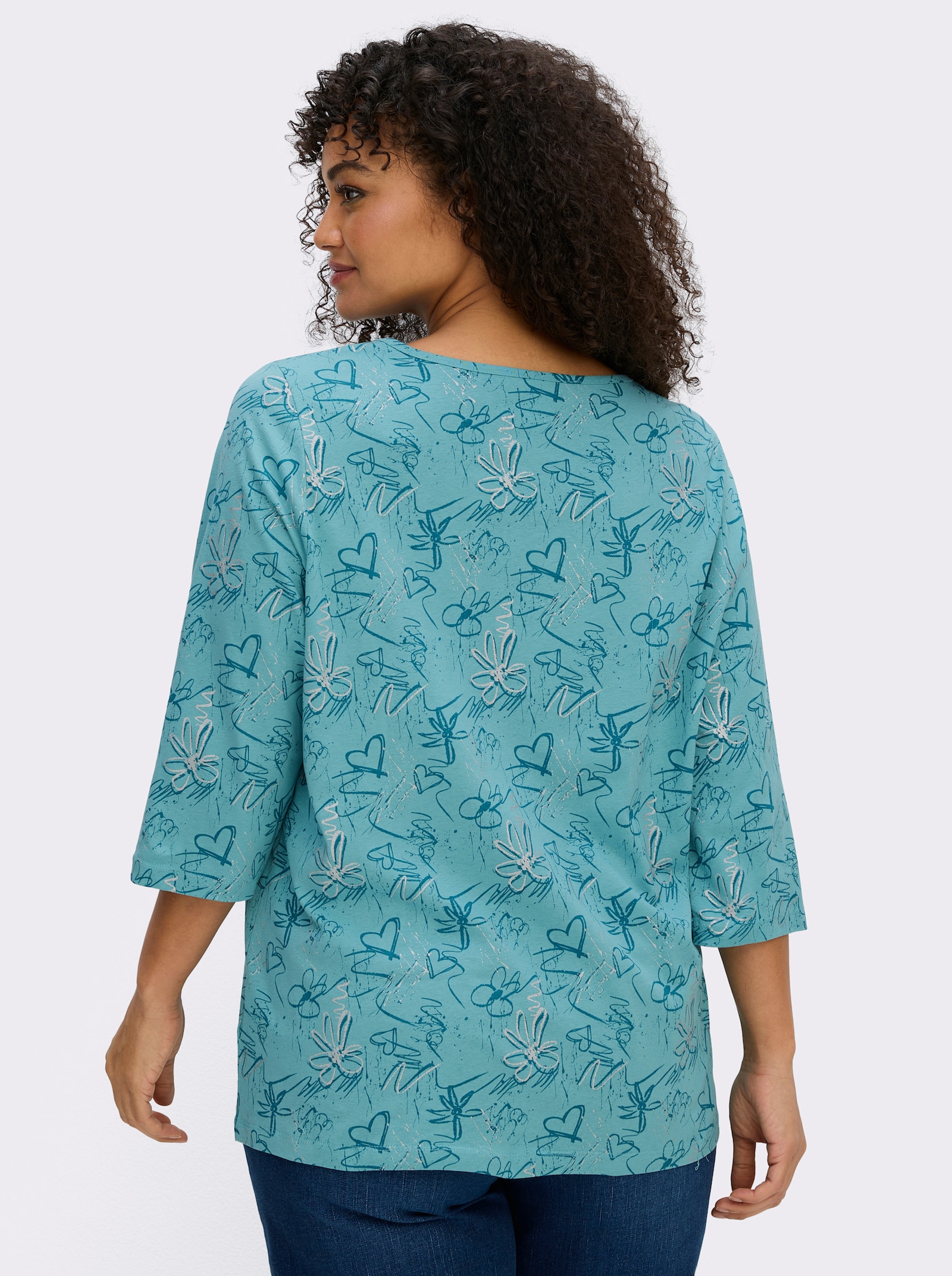 3/4-Arm-Shirt mit Herzen und Blüten verziert - ozean
