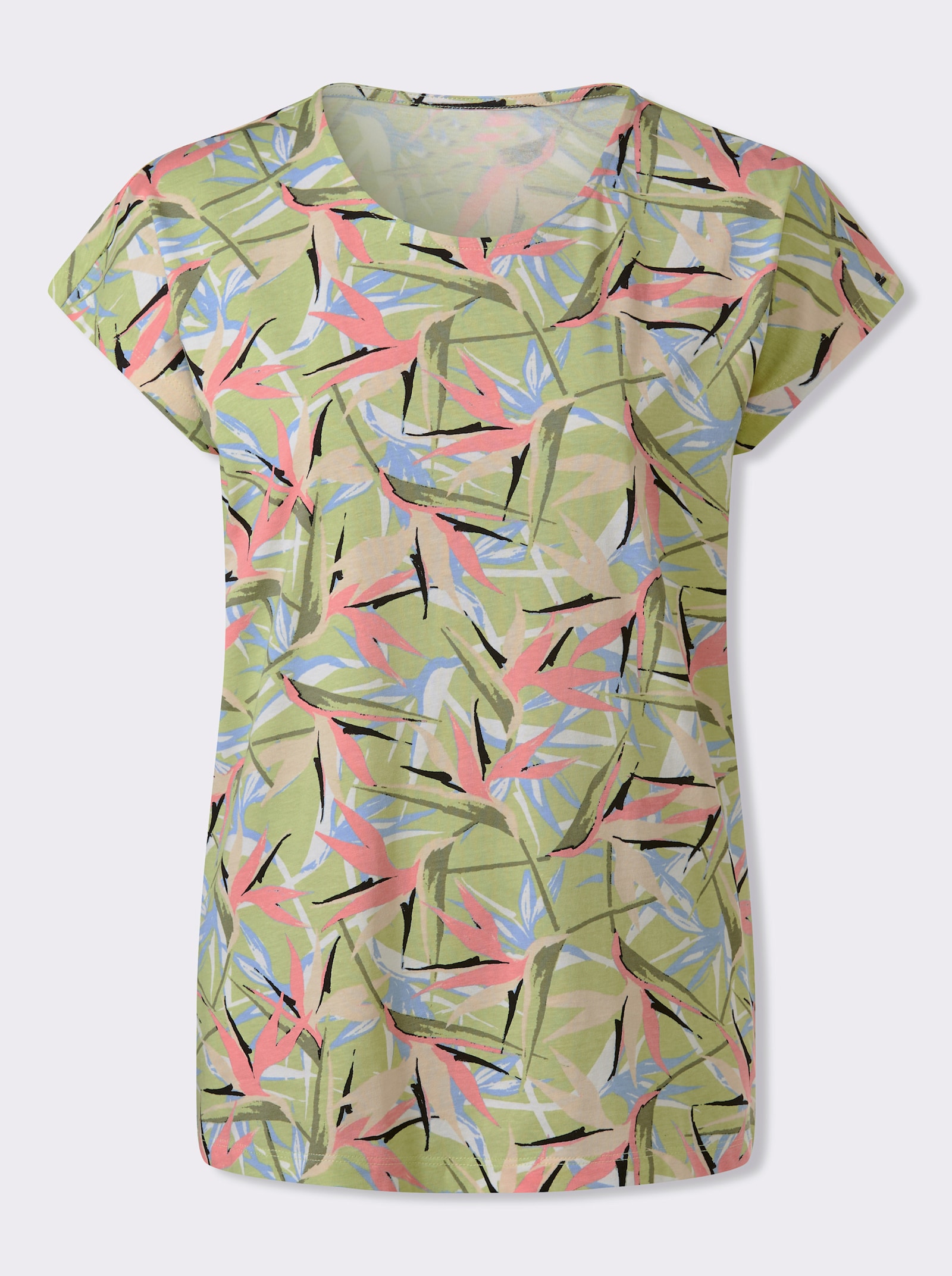 Tričko, krátke rukávy, kvetová potlač - lipovo zelená-plameniaková potlač