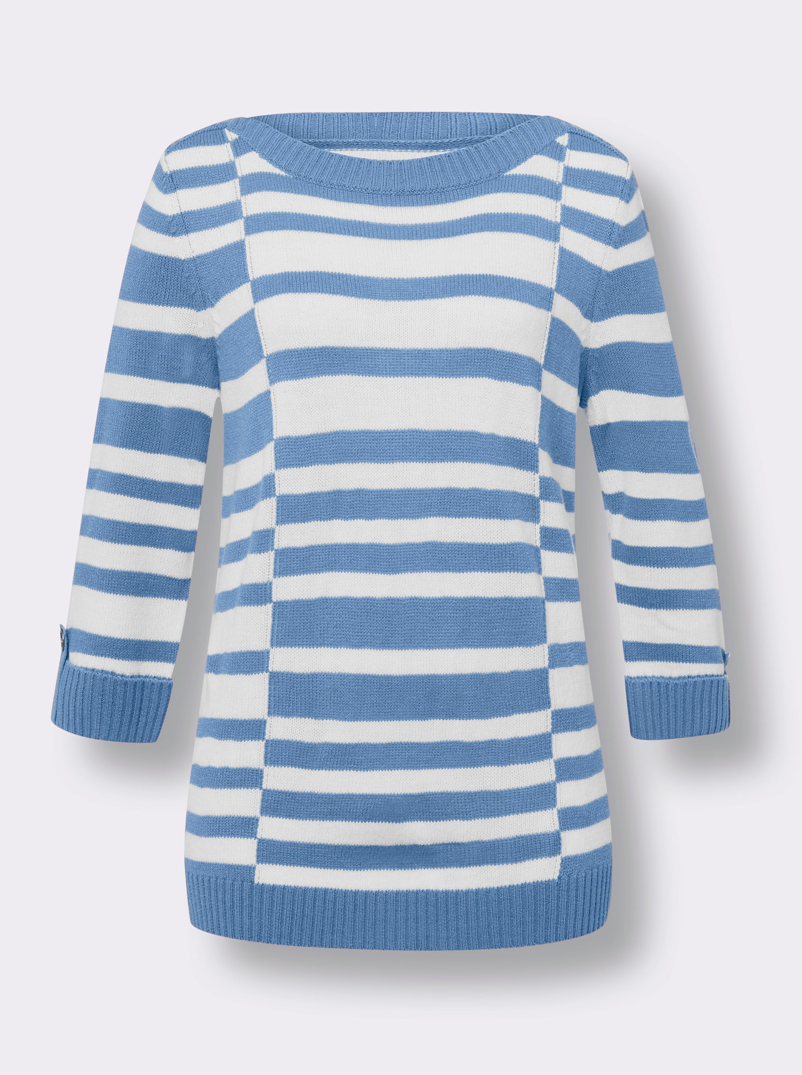 Pullover met 3/4-mouwen en boothals - middelblauw/wit gedessineerd