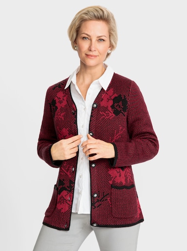 Jacquardstrickjacke mit Blumen-Muster - kirsche-schwarz-gemustert