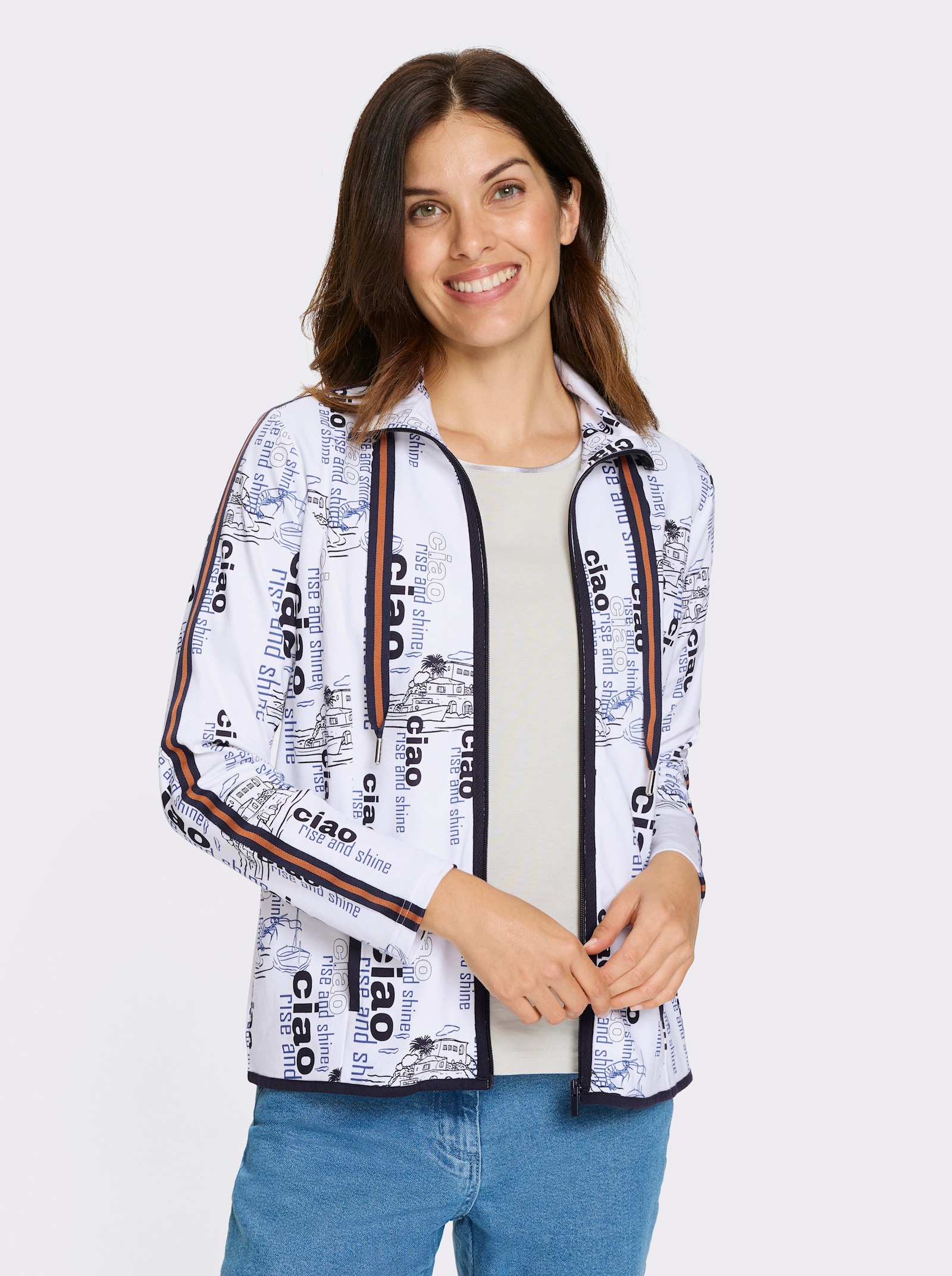 Sweatjacke mit maritimem Allover-Druck - weiß-marine-bedruckt