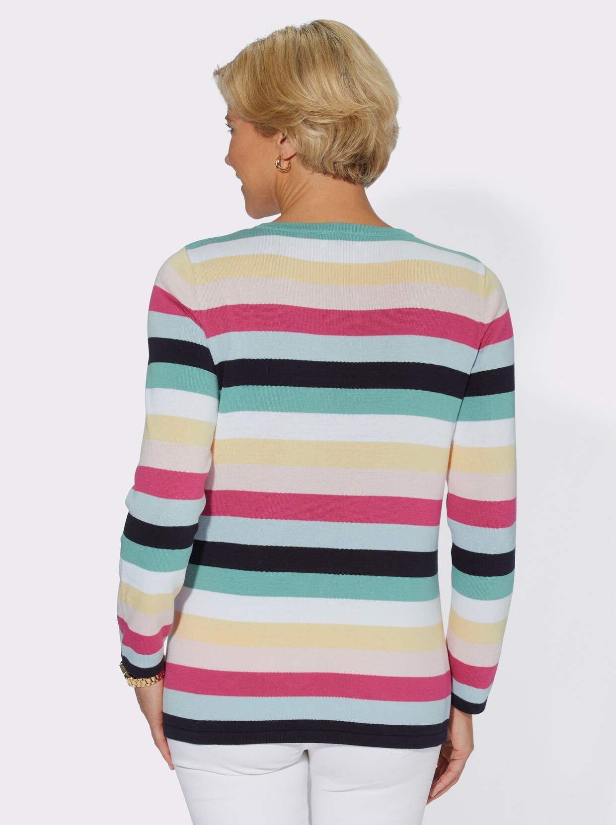 V-Ausschnitt-Pullover - fuchsia-geringelt
