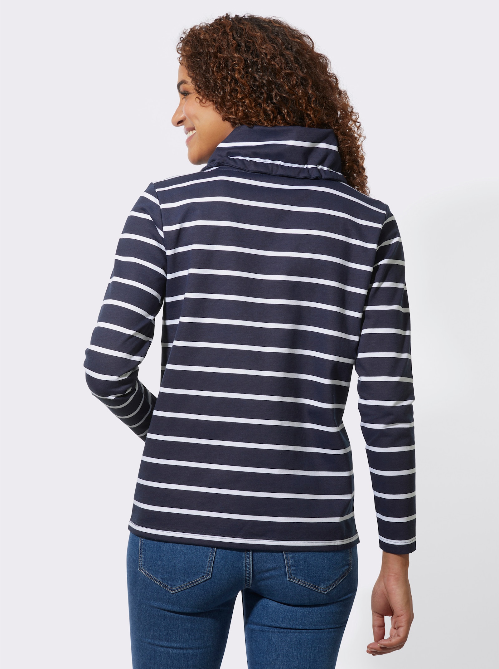Sweatshirt mit überlappendem Rollkragen - marine-weiss-geringelt