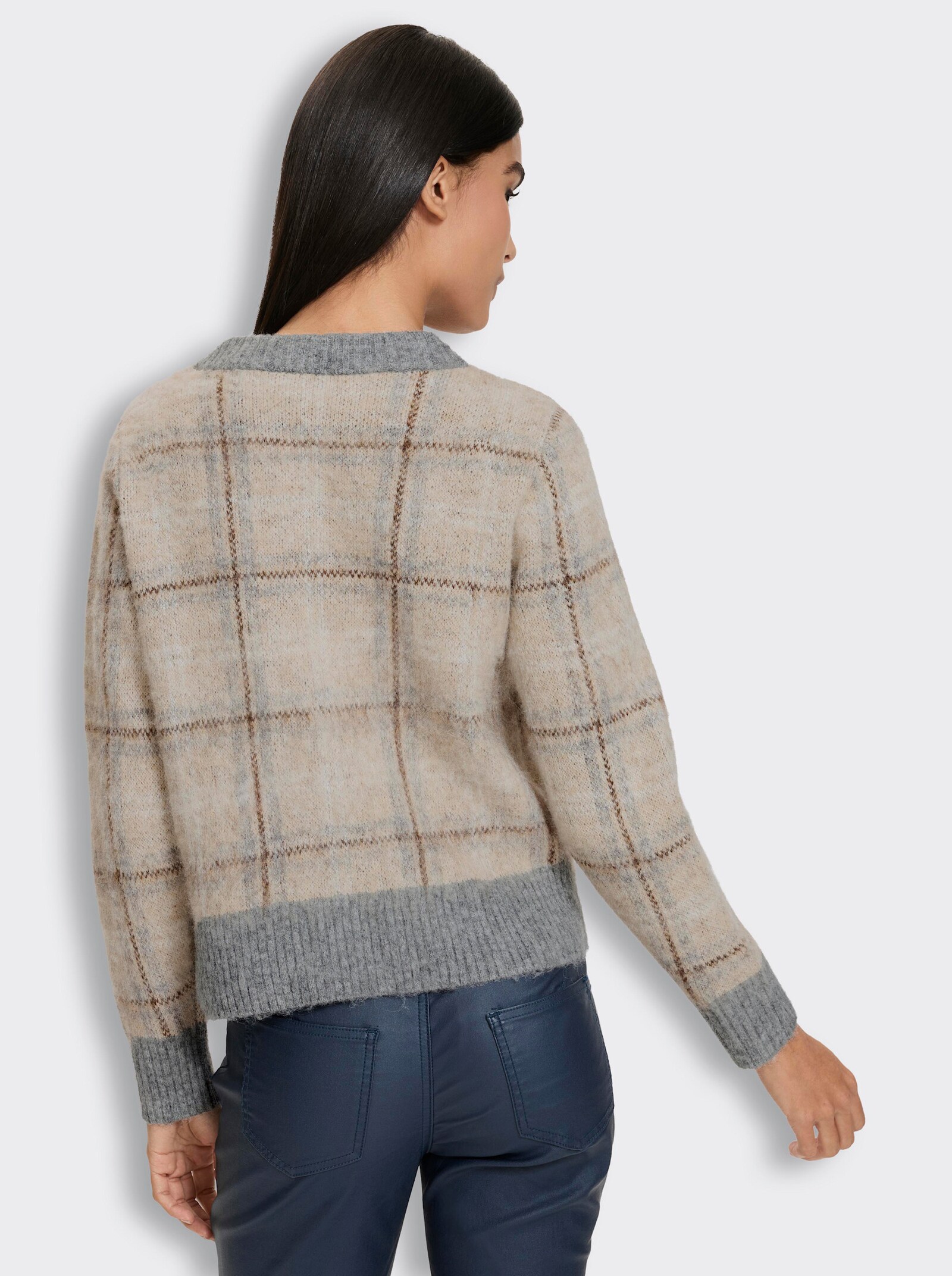 heine Jacquardstrickjacke mit Karo-Dessin - beige-grau-kariert