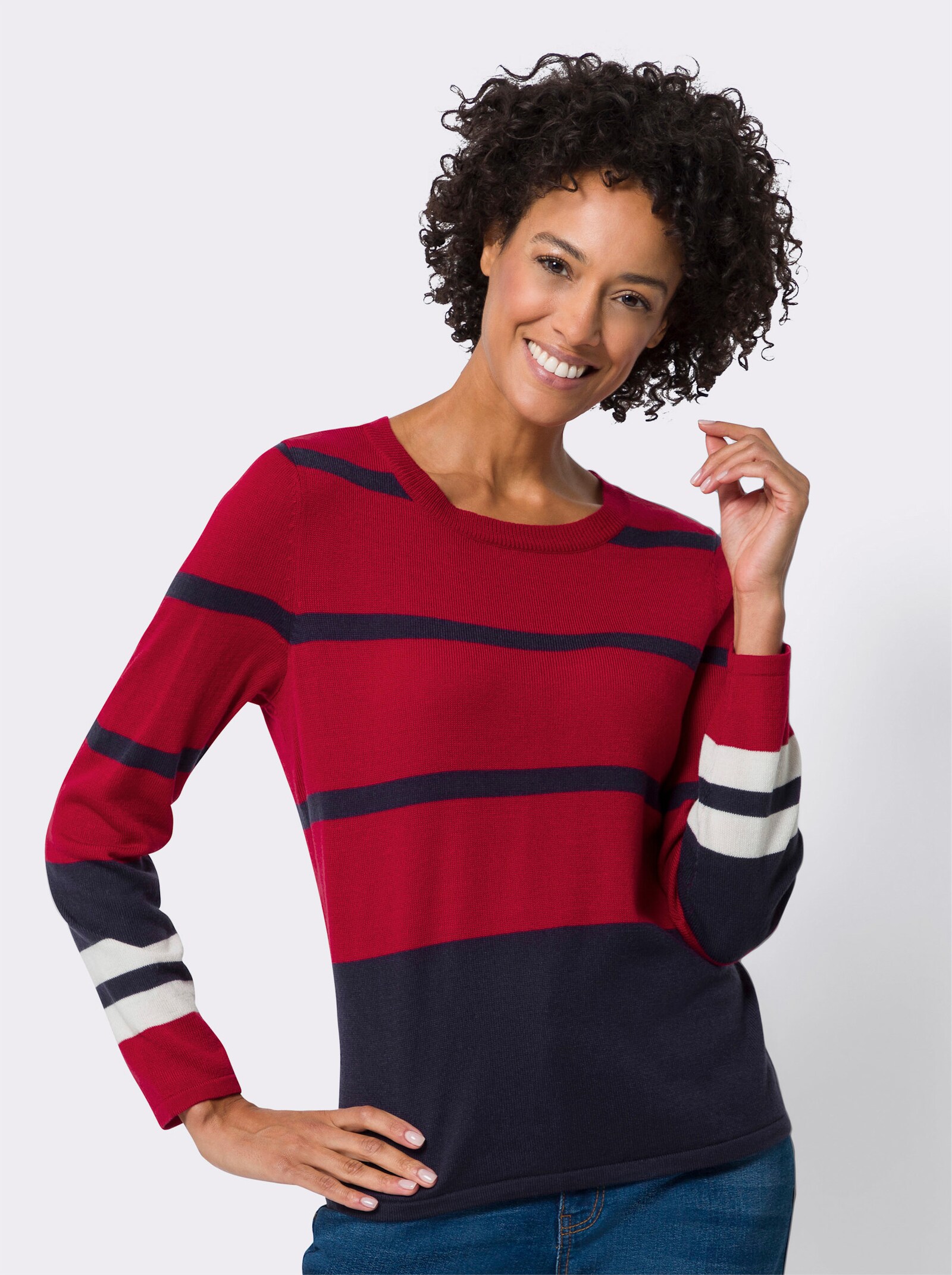 Pullover met ronde hals in streepdessin - rood/marine gedessineerd