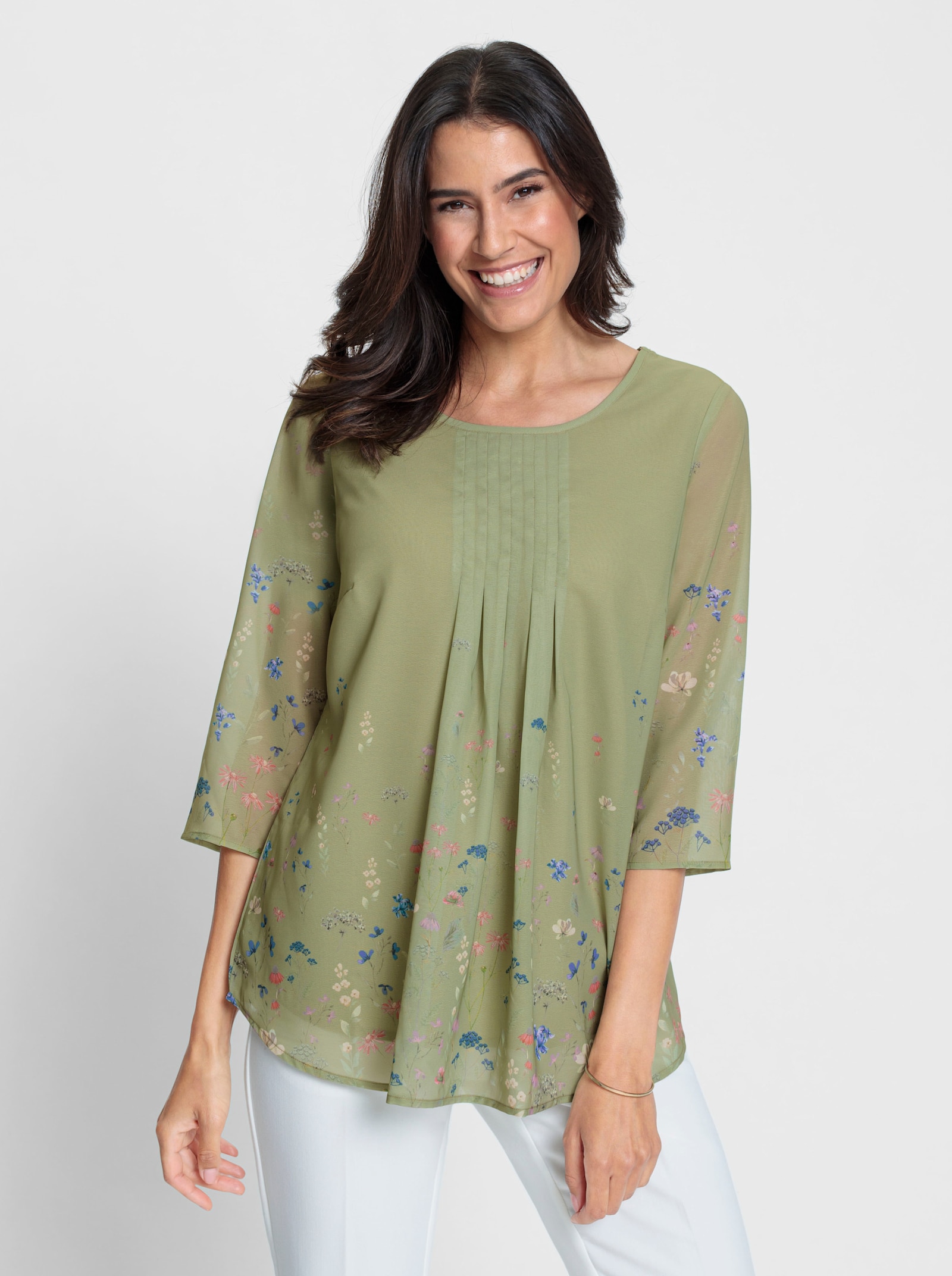 Blouse met print en transparante 3/4-mouwen - rietgroen/ecru bedrukt