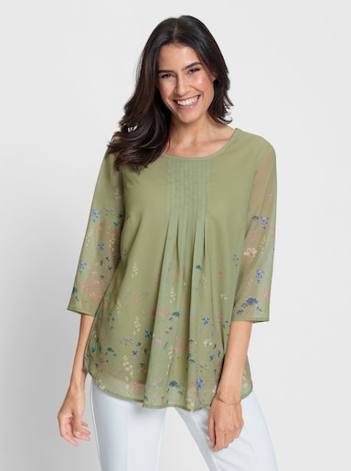 Druckbluse mit transparenten 3/4-Ärmeln - schilf-ecru-bedruckt
