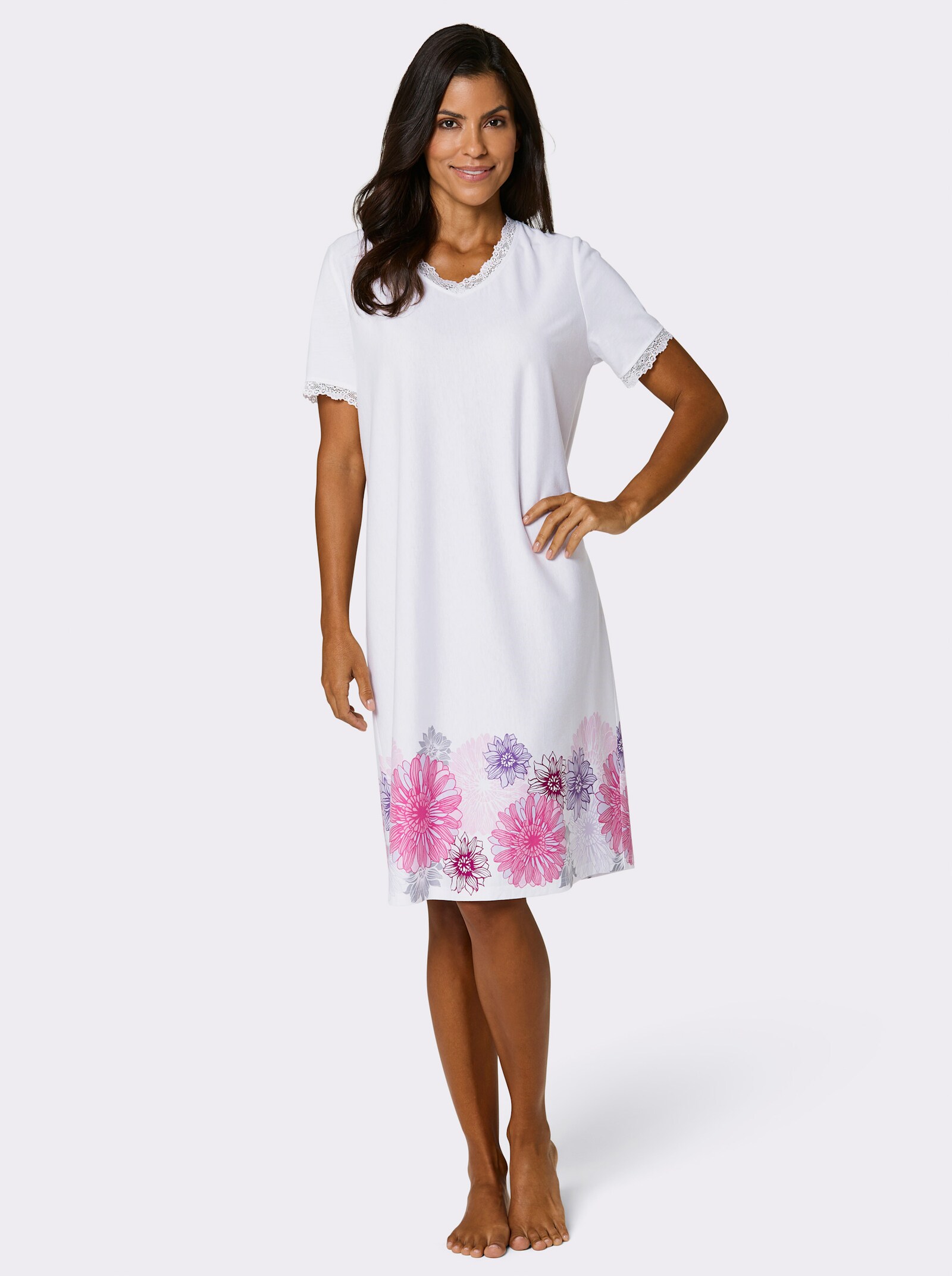 wäschepur Kurzarm-Sleepshirt mit Blumenbordüre - weiß-fuchsia-bedruckt