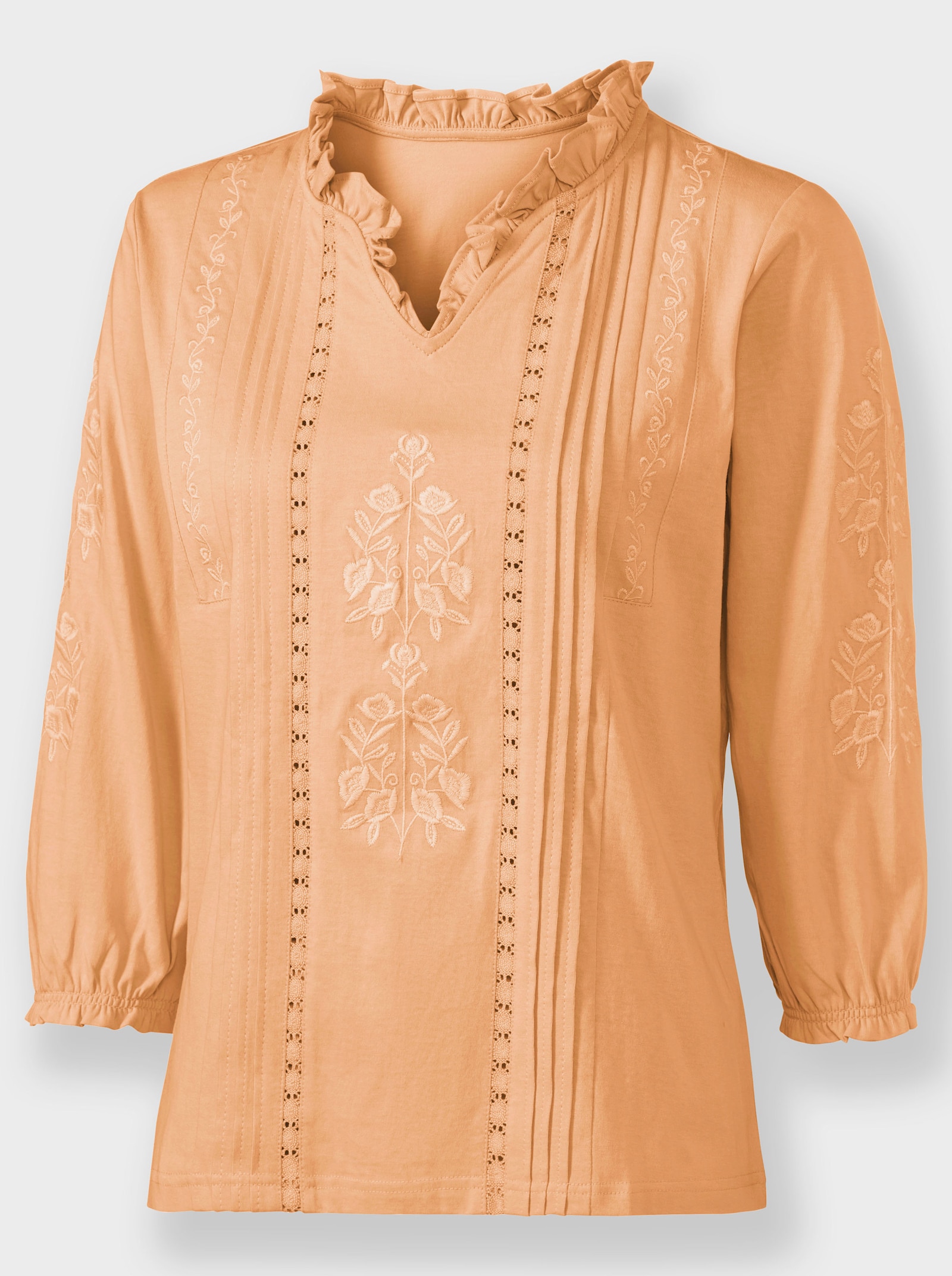 Shirt met 3/4-mouwen en ruches bij de hals - apricot