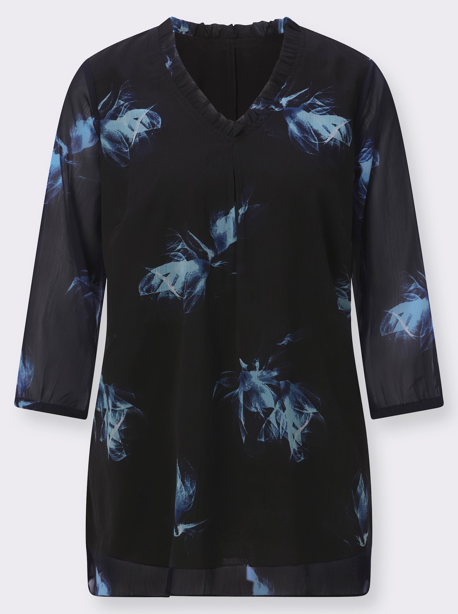 Tunika s riasením na výstrihu. - Čierno-akvamarínová potlač