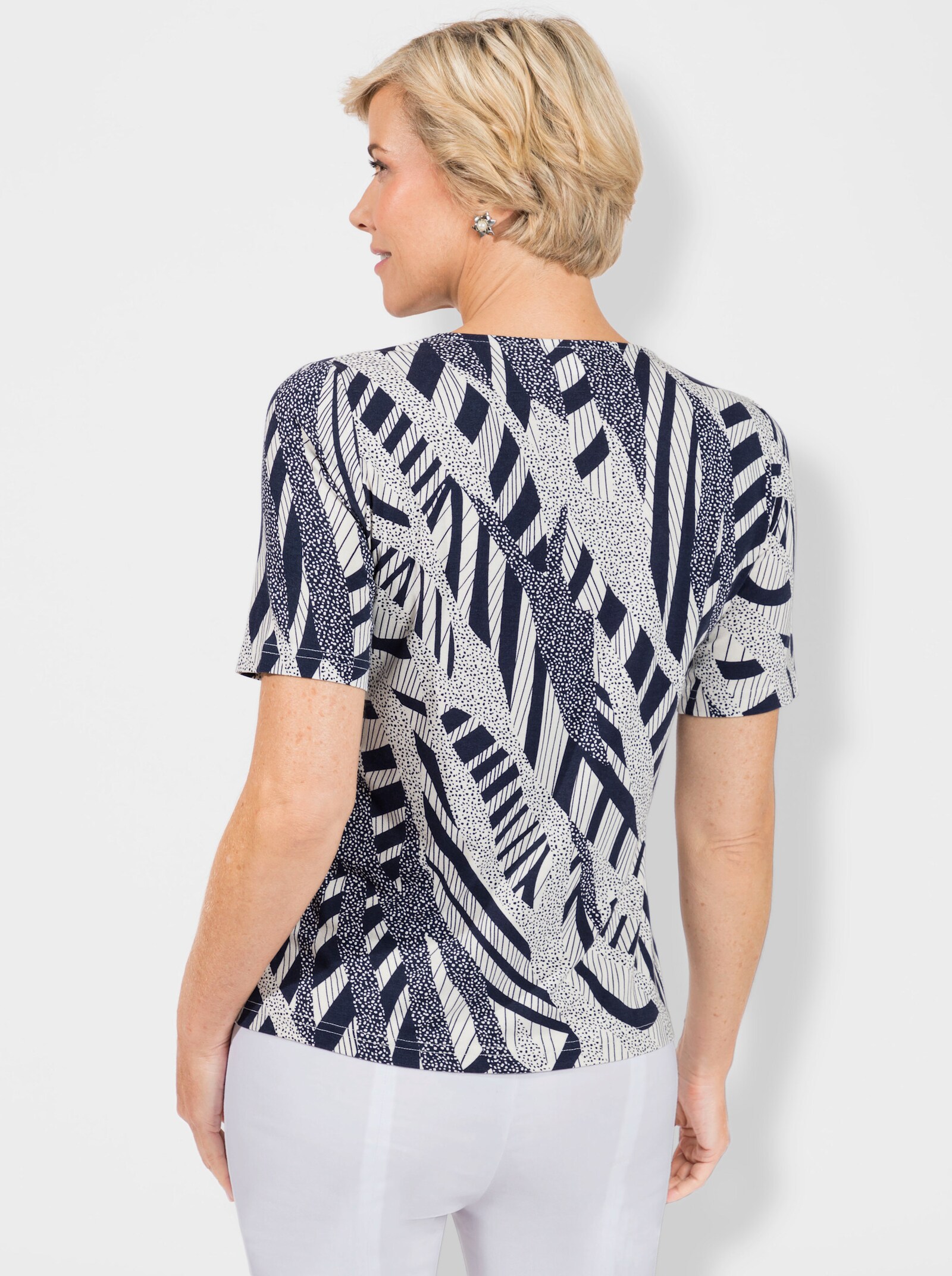 Rundhalsshirt in diagonalem Druck - marine-ecru-bedruckt