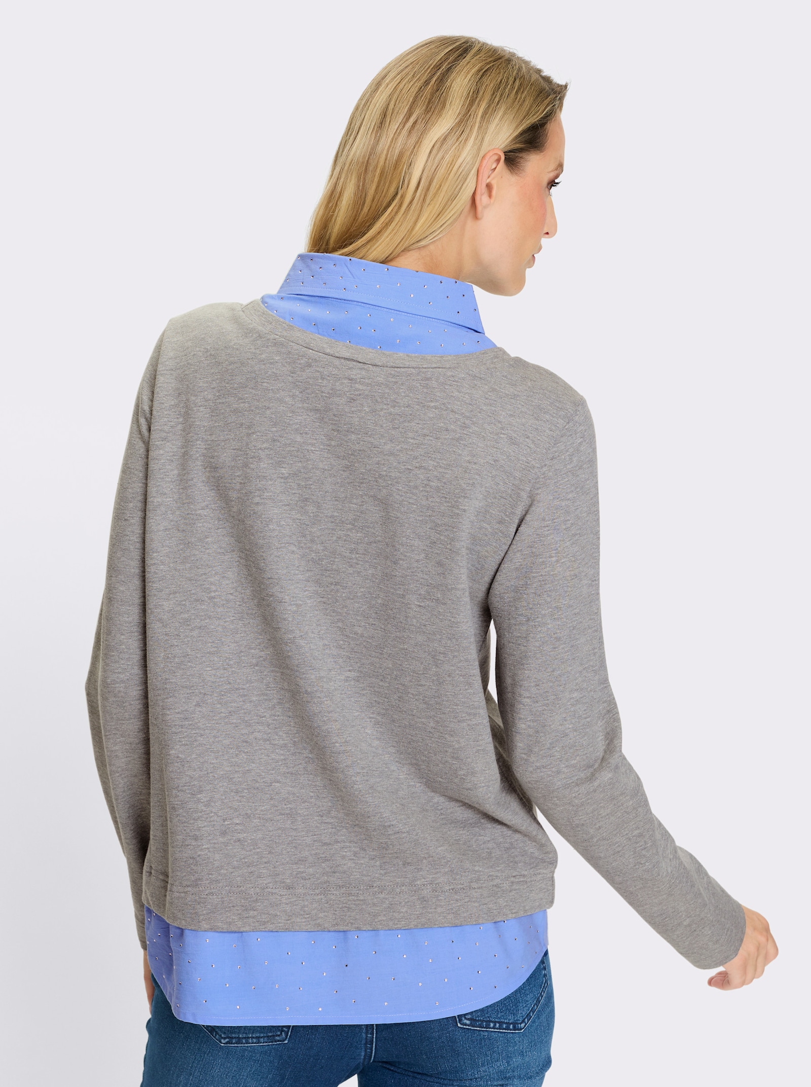 heine Sweatshirt mit Bluseneinsatz - grau-himmelblau-meliert