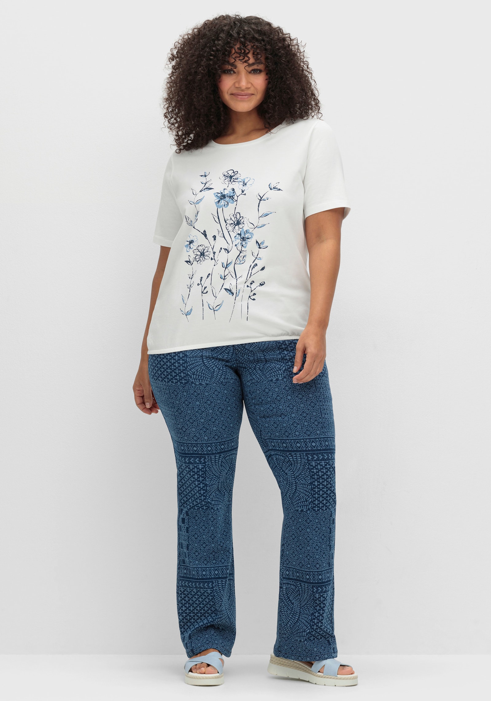 Print-Shirt mit Gummizug am Saum - weiß-bedruckt