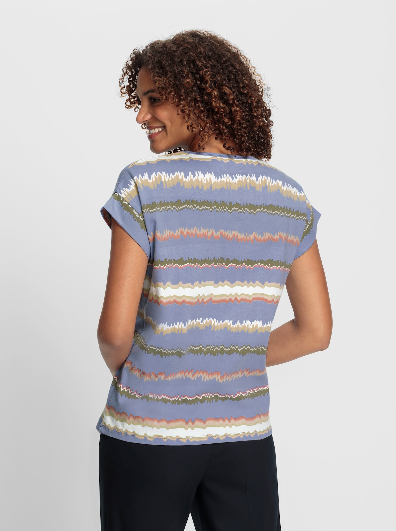 Print-Shirt mit Ziernähten, geringelt - taubenblau-ecru-bedruckt