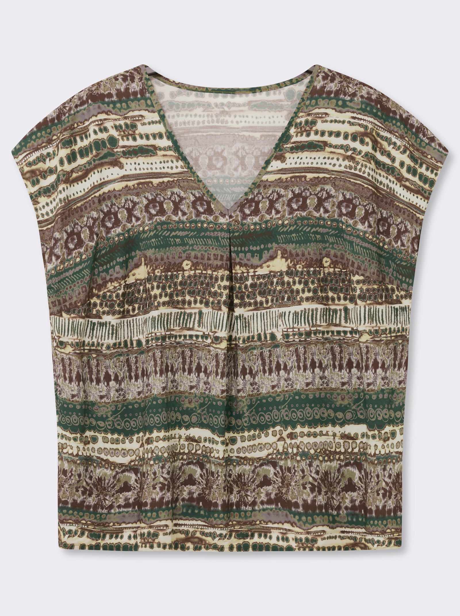 Kurzarmbluse mit schmeichelnder Falte vorne - schilf-schoko-bedruckt