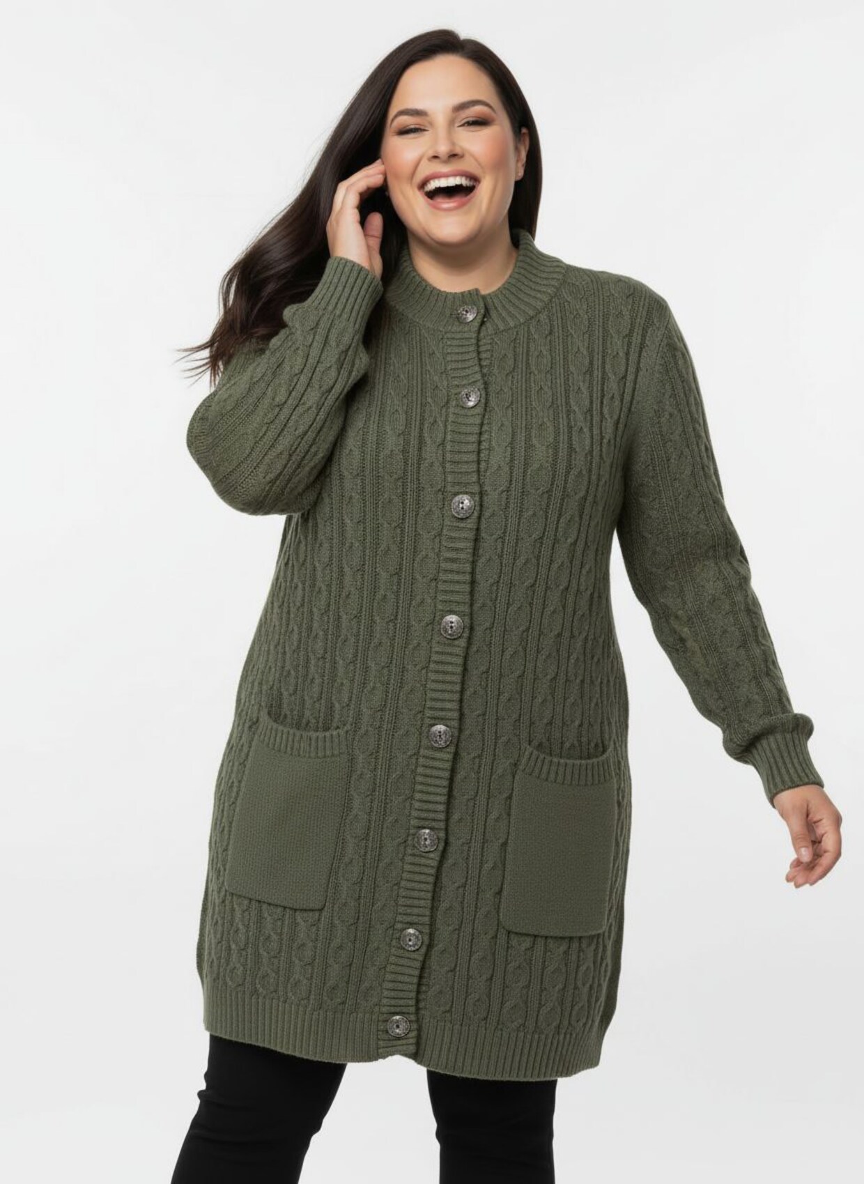 Longstrickjacke mit Zopfmuster - khaki