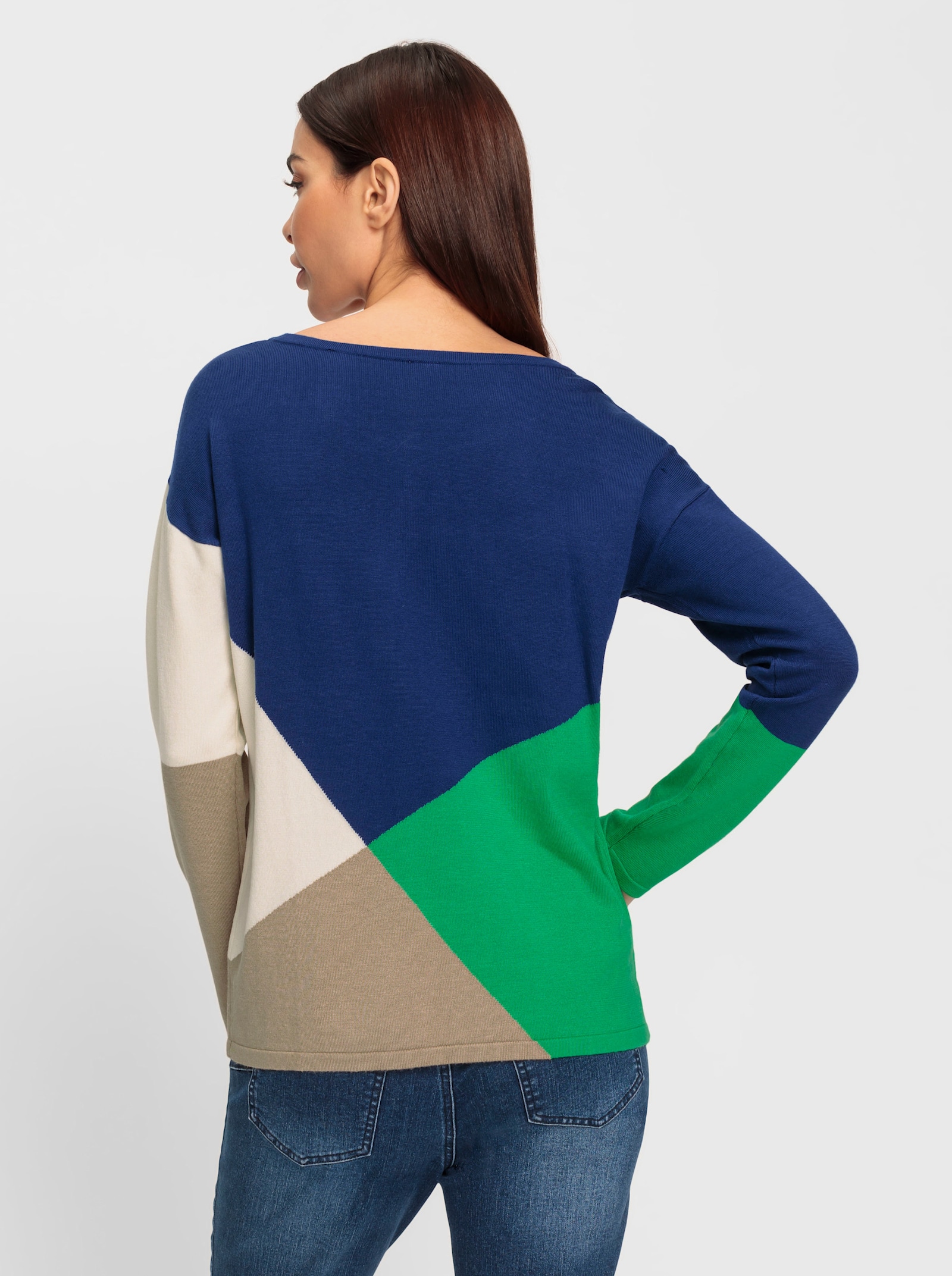 heine Feinstrickpullover in Colour-Blocking-Dessin - royalblau-grasgrün-gemustert