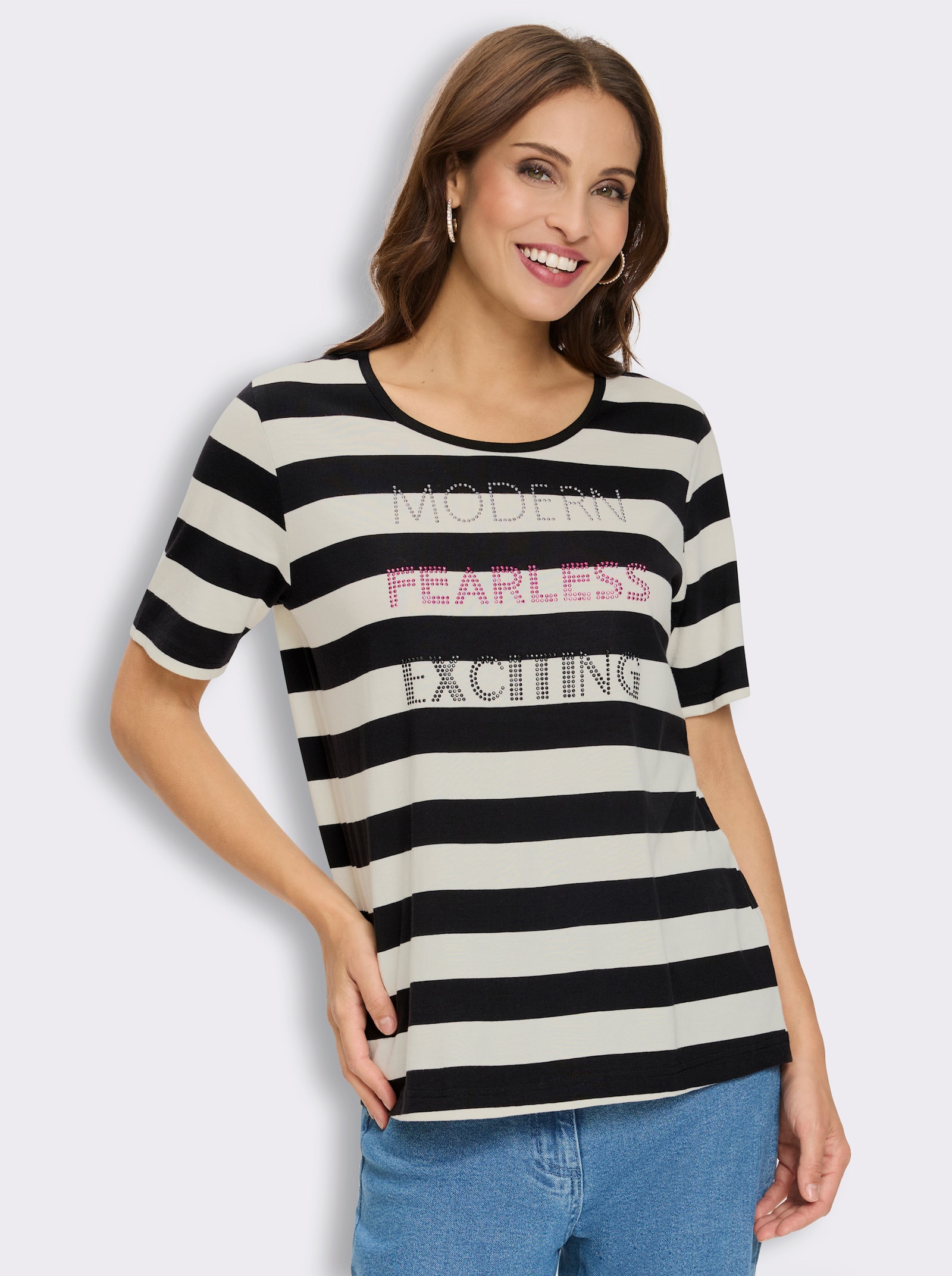 Rundhalsshirt mit Glitzersteinchen-Schrift - champagner-schwarz-bedruckt