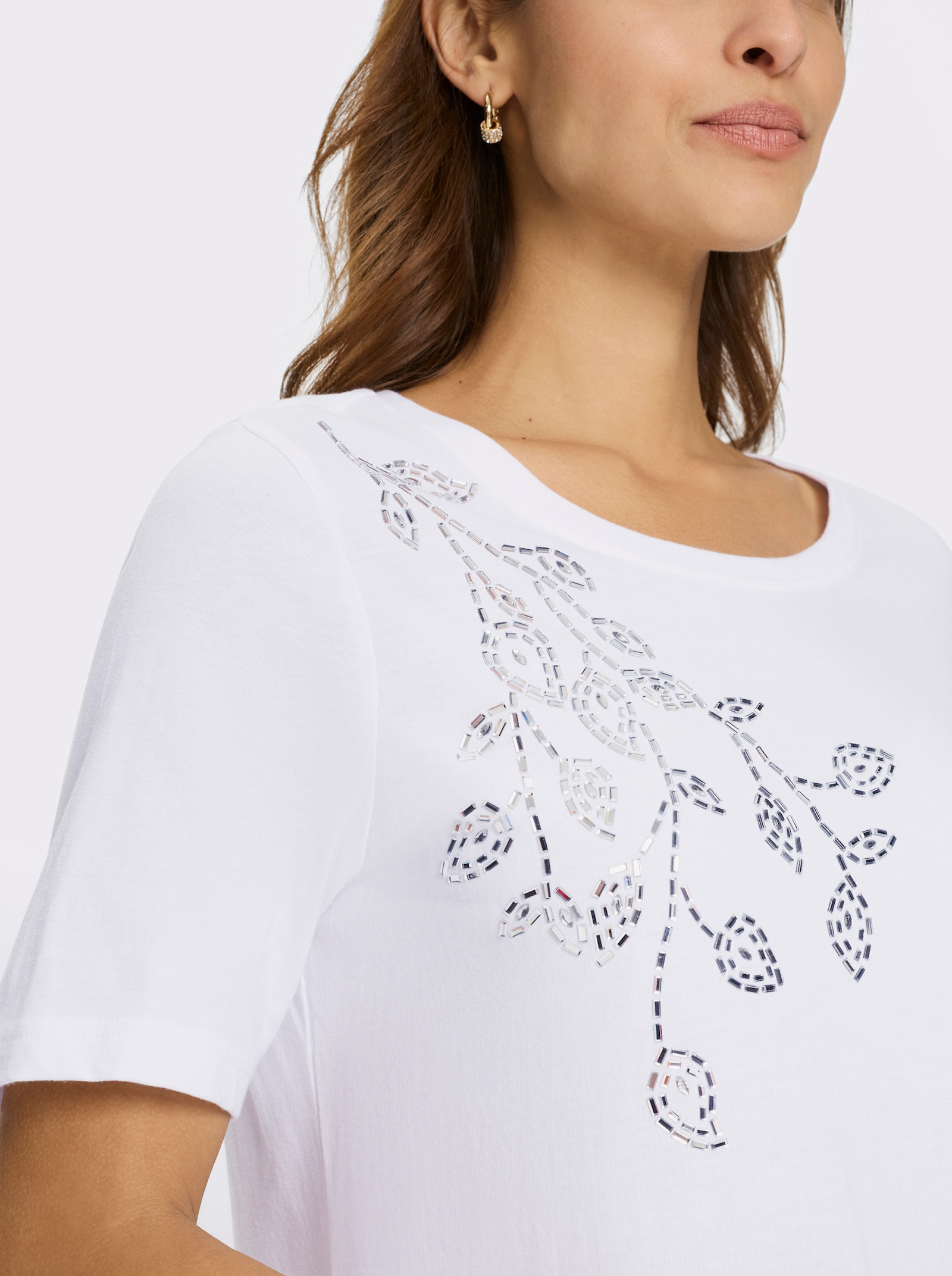 Rundhalsshirt mit Glitzersteinchen - weiß