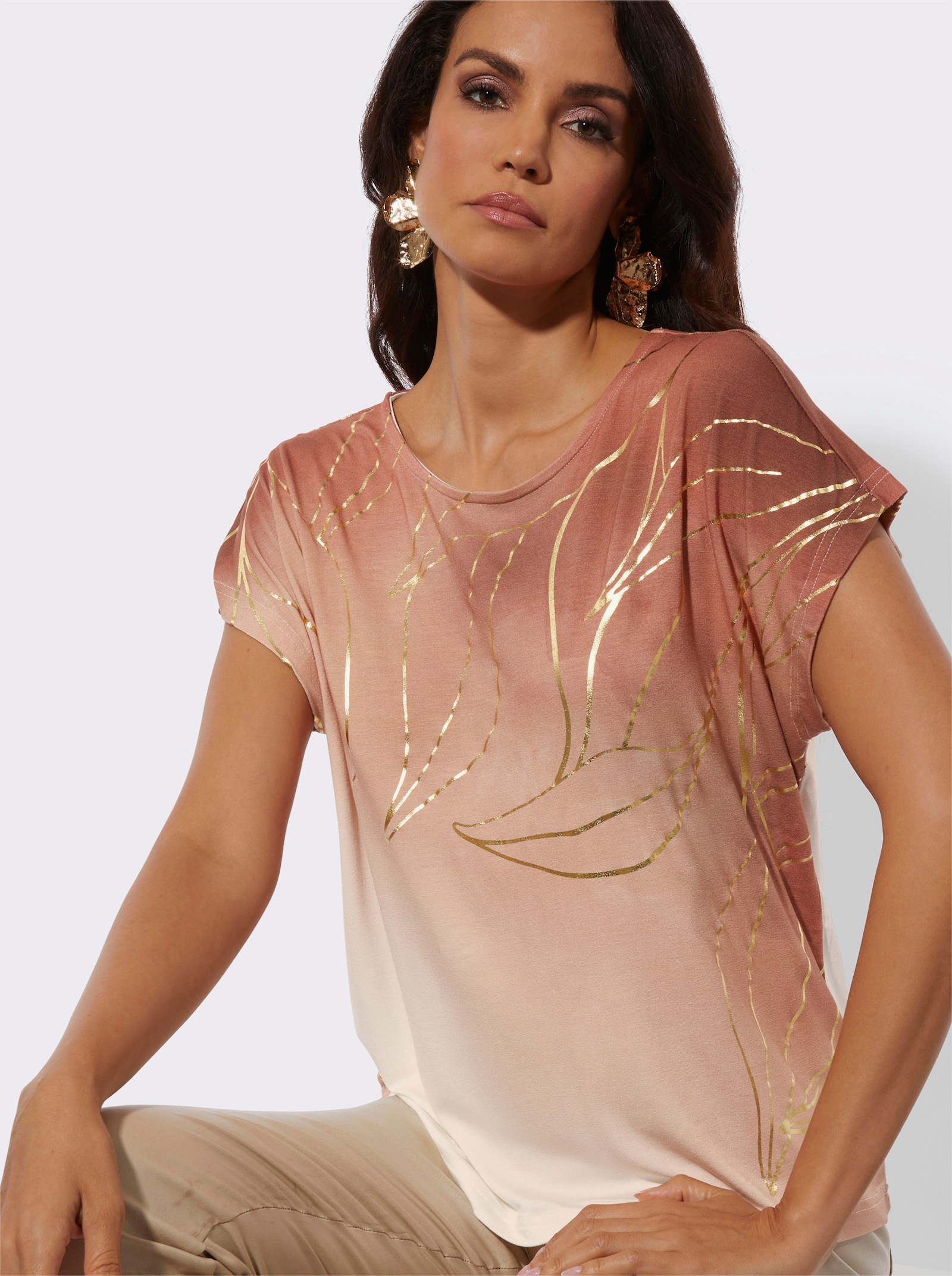 T-shirt avec imprimé feuille doré - écru-papaye imprimé