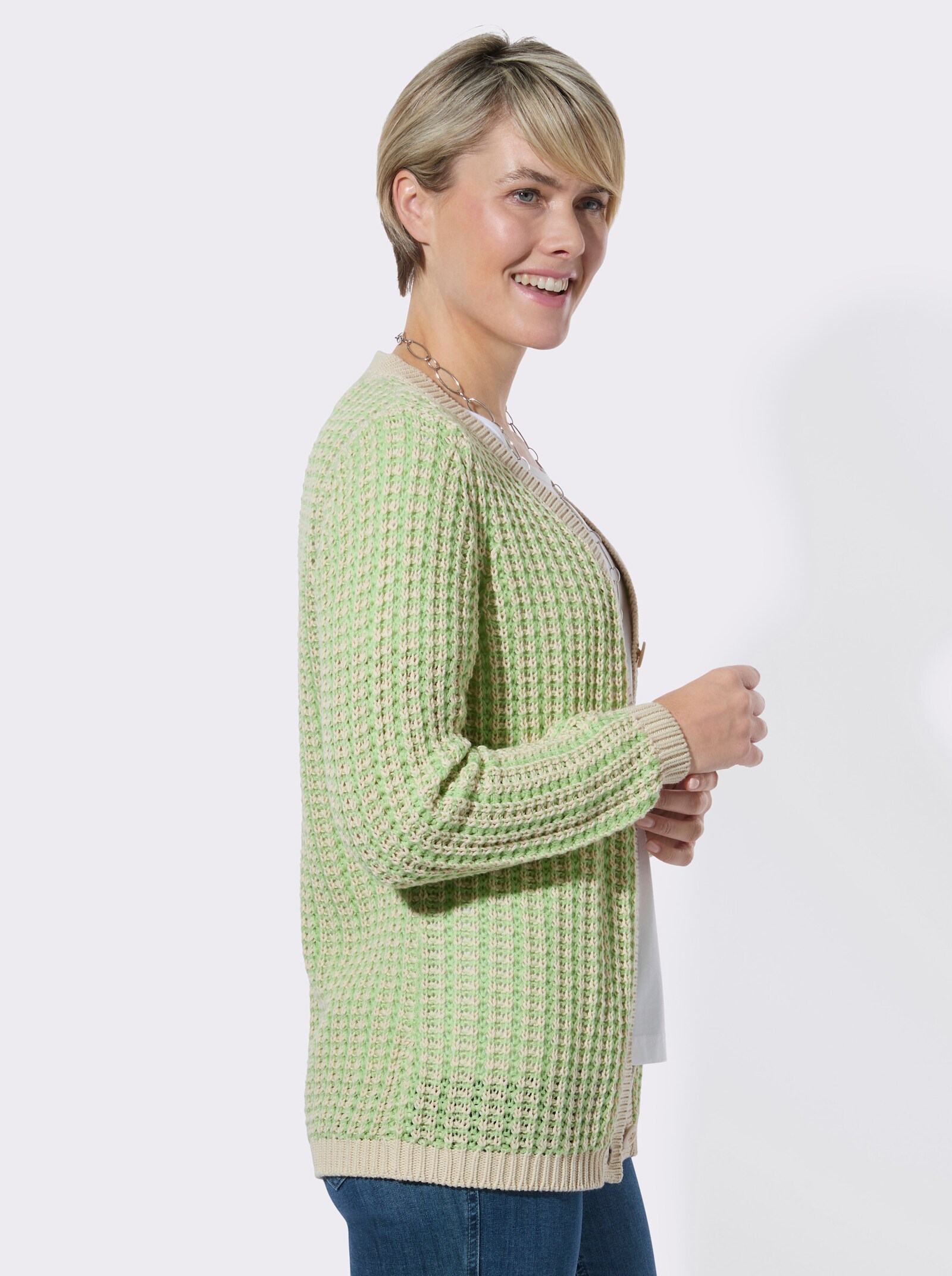 Strickjacke in zweifarbiger Melange-Optik - reseda-sand-gemustert