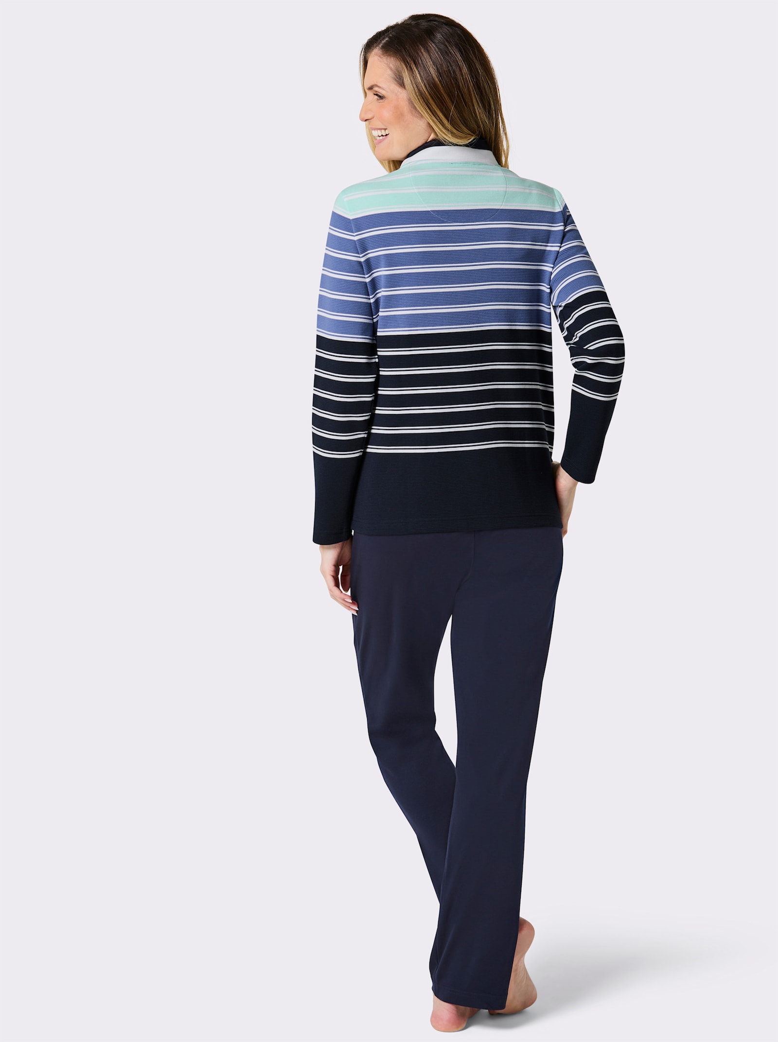 Hajo Hausanzug in atmungsaktiver Qualität - marine-jeansblau-geringelt