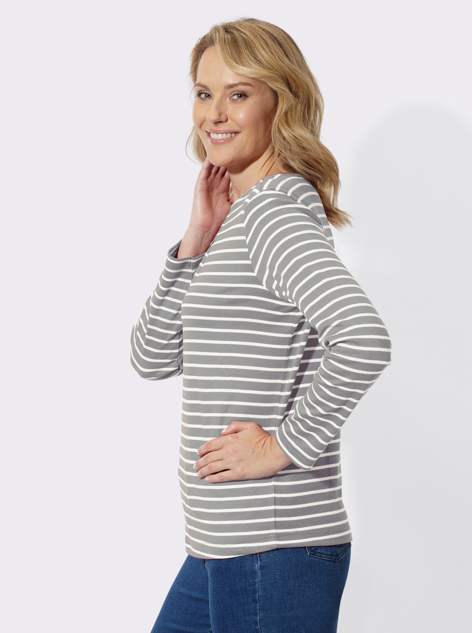 Sweatshirt im Ringel-Dessin - steingrau-ecru-geringelt