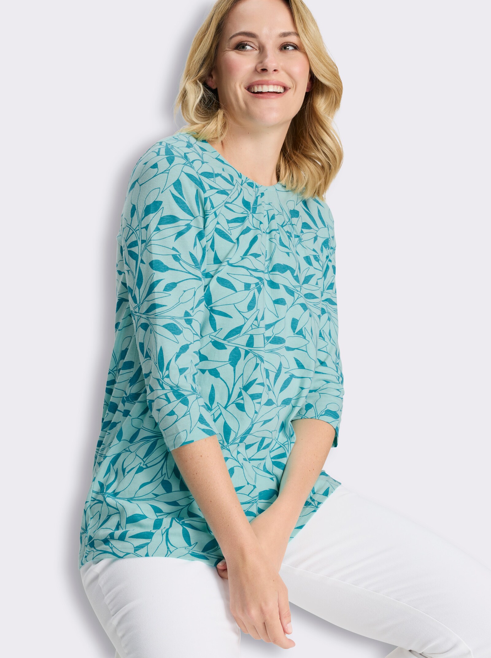 Longshirt mit Falten am Ausschnitt - aquamarin-türkis-bedruckt