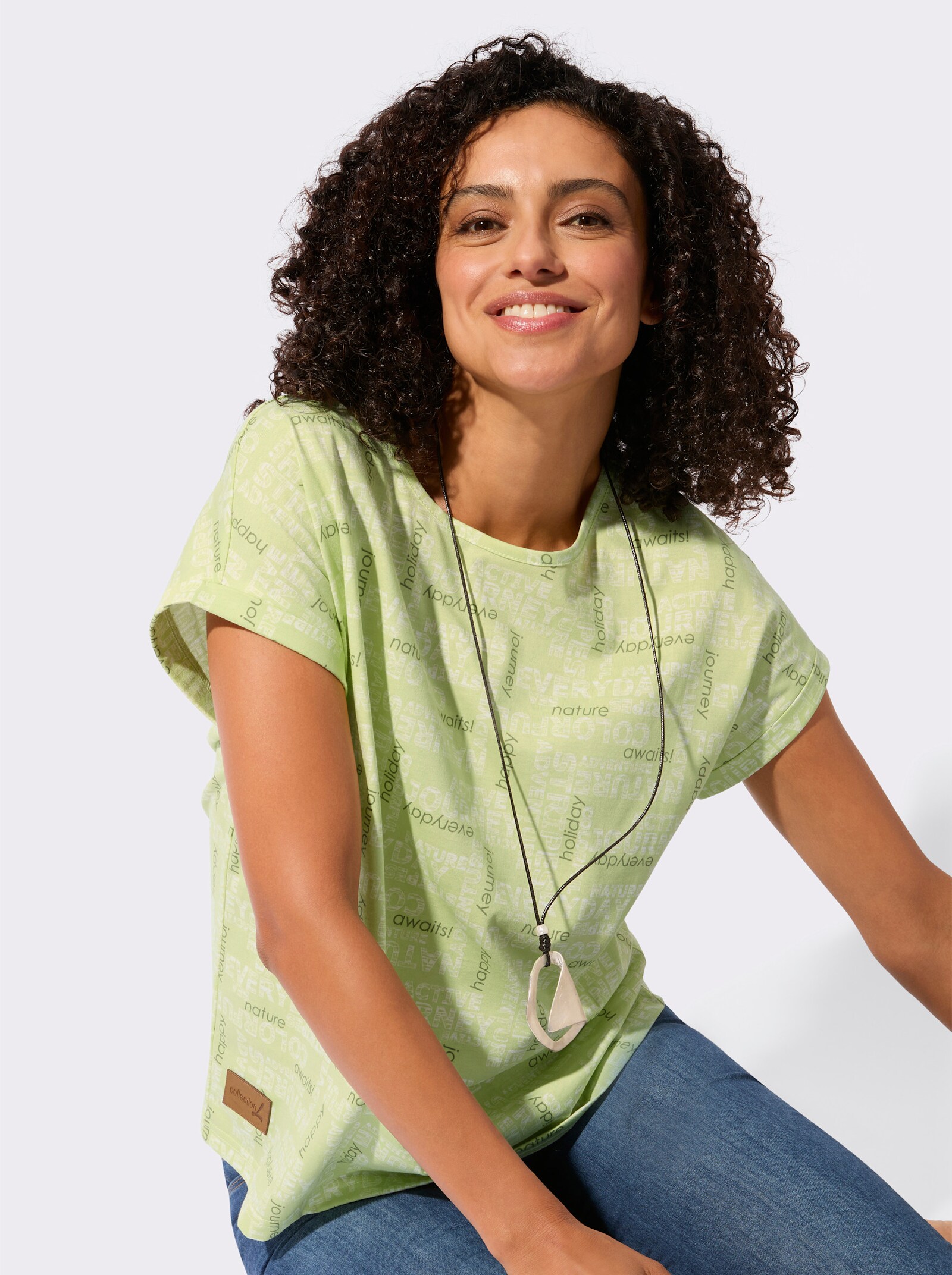 Print-Shirt mit überschnittenen Schultern - pistazie-ecru-bedruckt