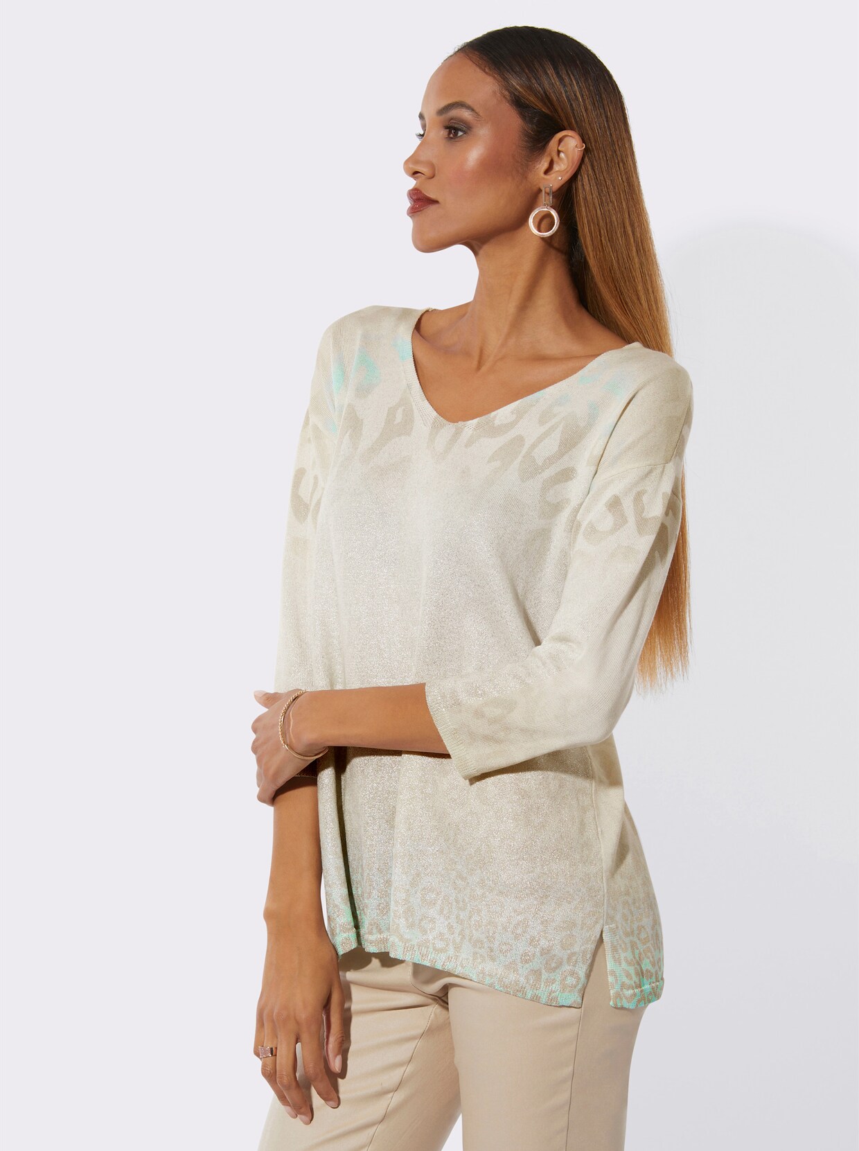 3/4 Arm-Pullover - sesam-champagner-bedruckt