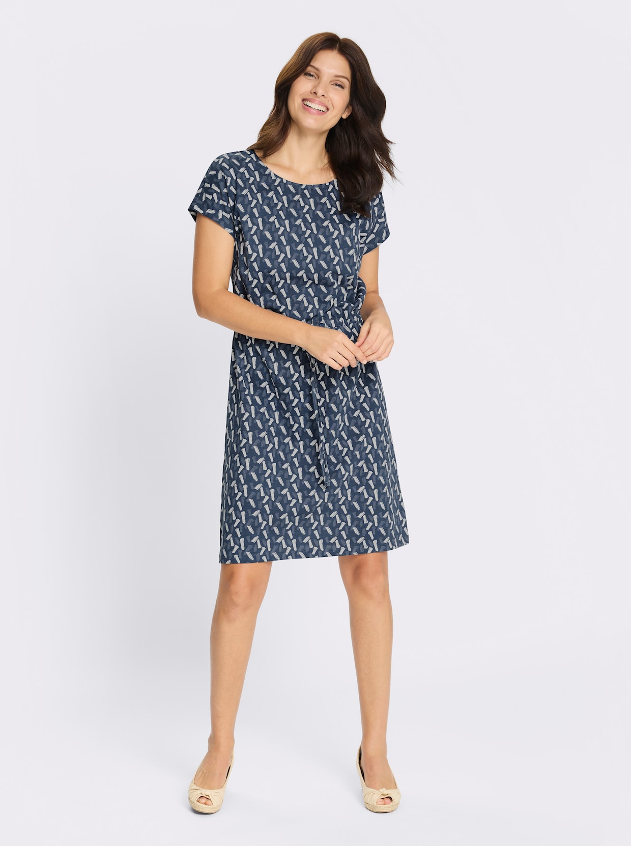 Jerseykleid mit Rundhals-Ausschnitt - dunkelblau-ecru-bedruckt