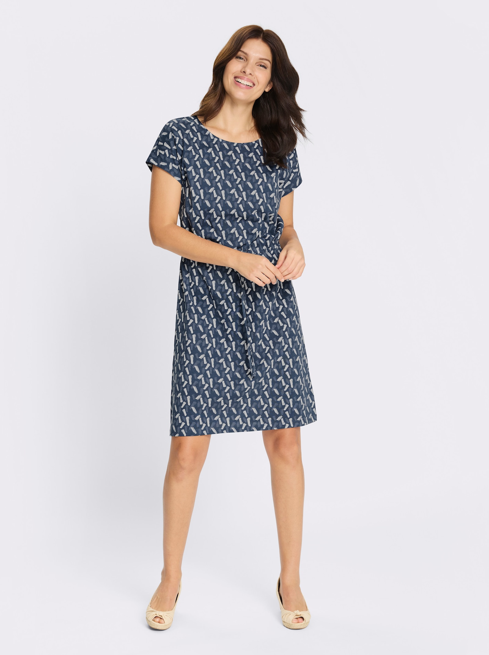 Jerseyjurk met ronde hals - donkerblauw/ecru bedrukt