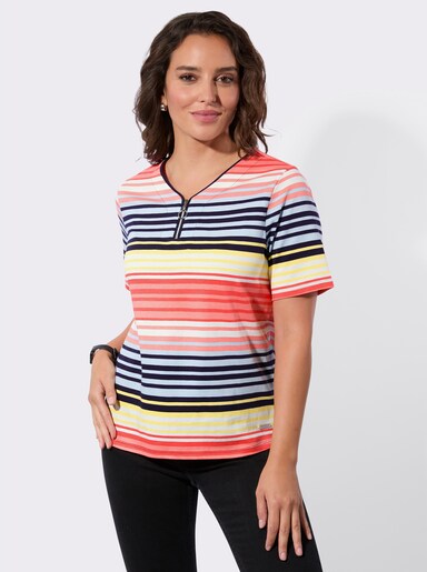 Ringelshirt mit Reißverschluss am Ausschnitt - flamingo-zitrone-geringelt