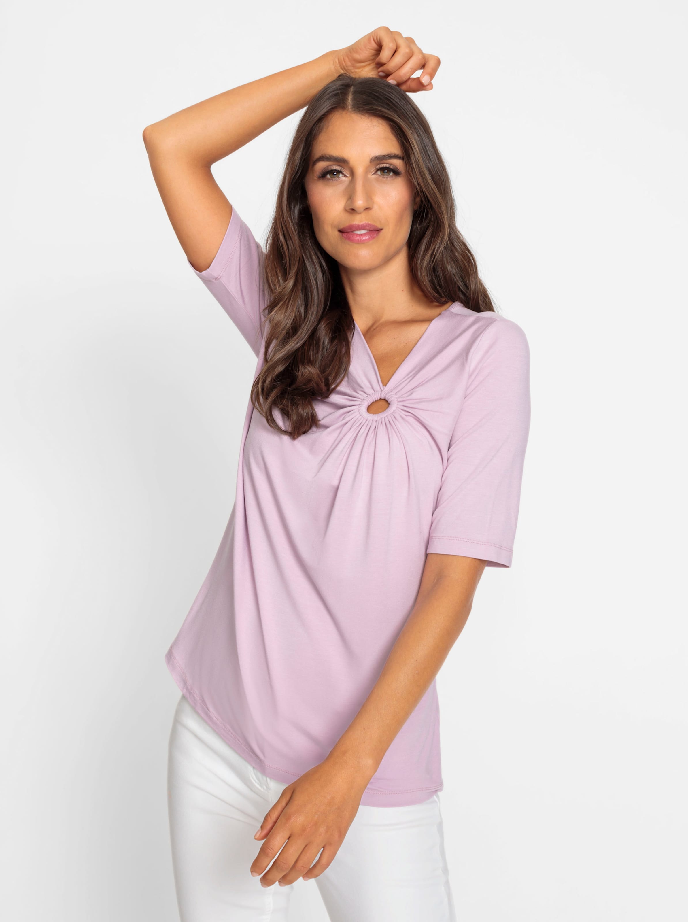 Moderner günstig Kaufen-Shirt in rosé von heine. Shirt in rosé von heine <![CDATA[Shirt Vielseitig kombinierbarer Style in weich fließender Viskose-Qualität. Moderner, asymmetrischer V-Ausschnitt mit effektvoller Raffung. Etwas längerer Halbarm.]]>. 
