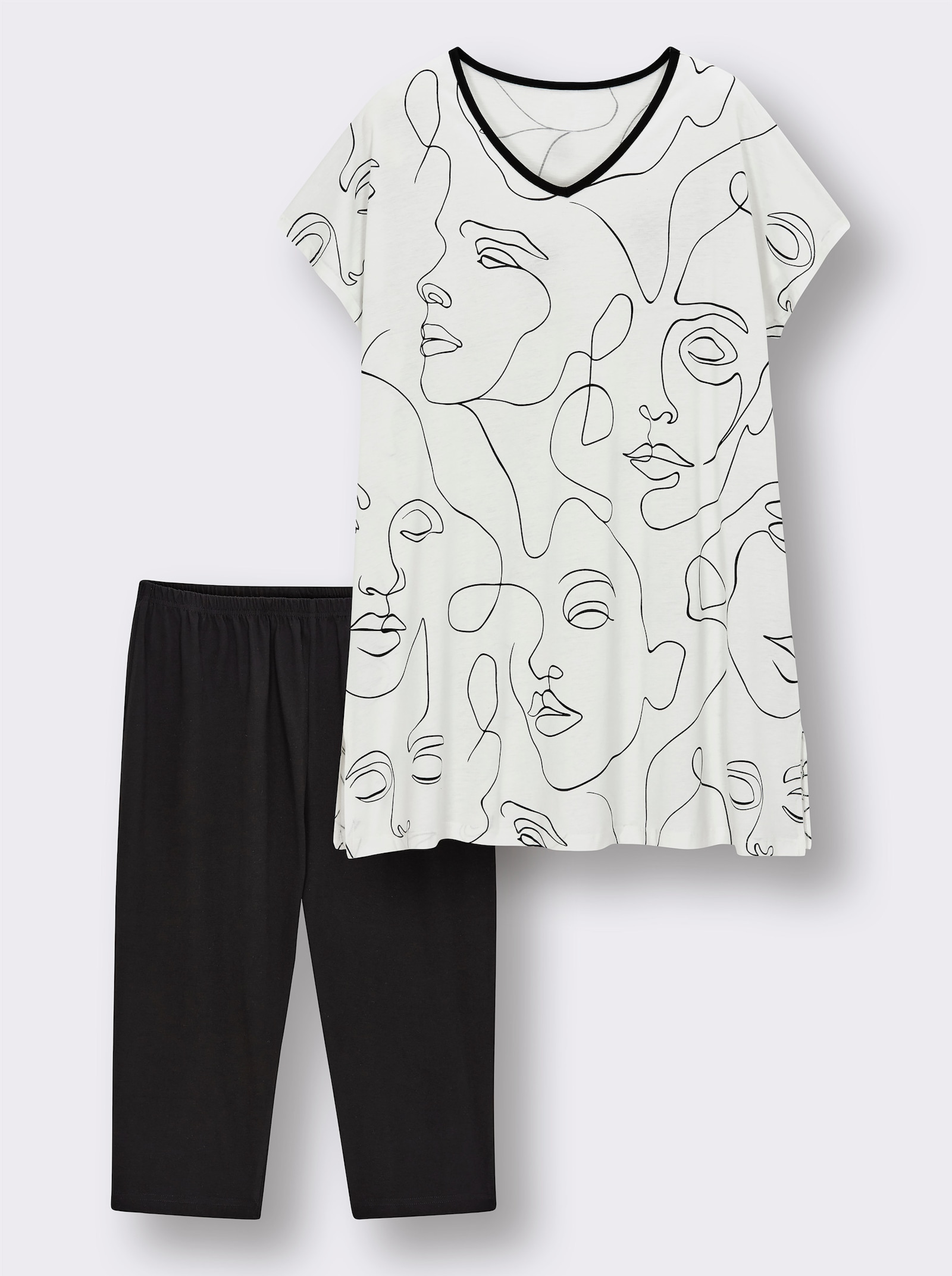 wäschepur Caprianzug mit Tunika-Oberteil - weiß-schwarz-bedruckt