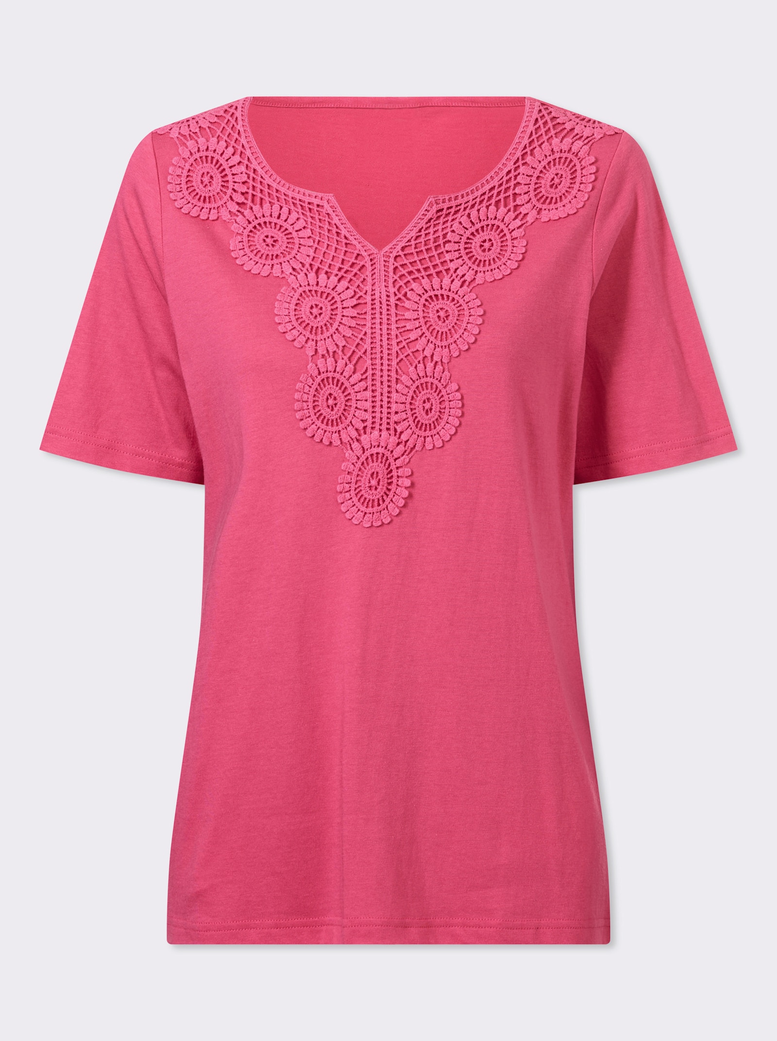 Kurzarmshirt mit Spitzen-Verzierung - fuchsia