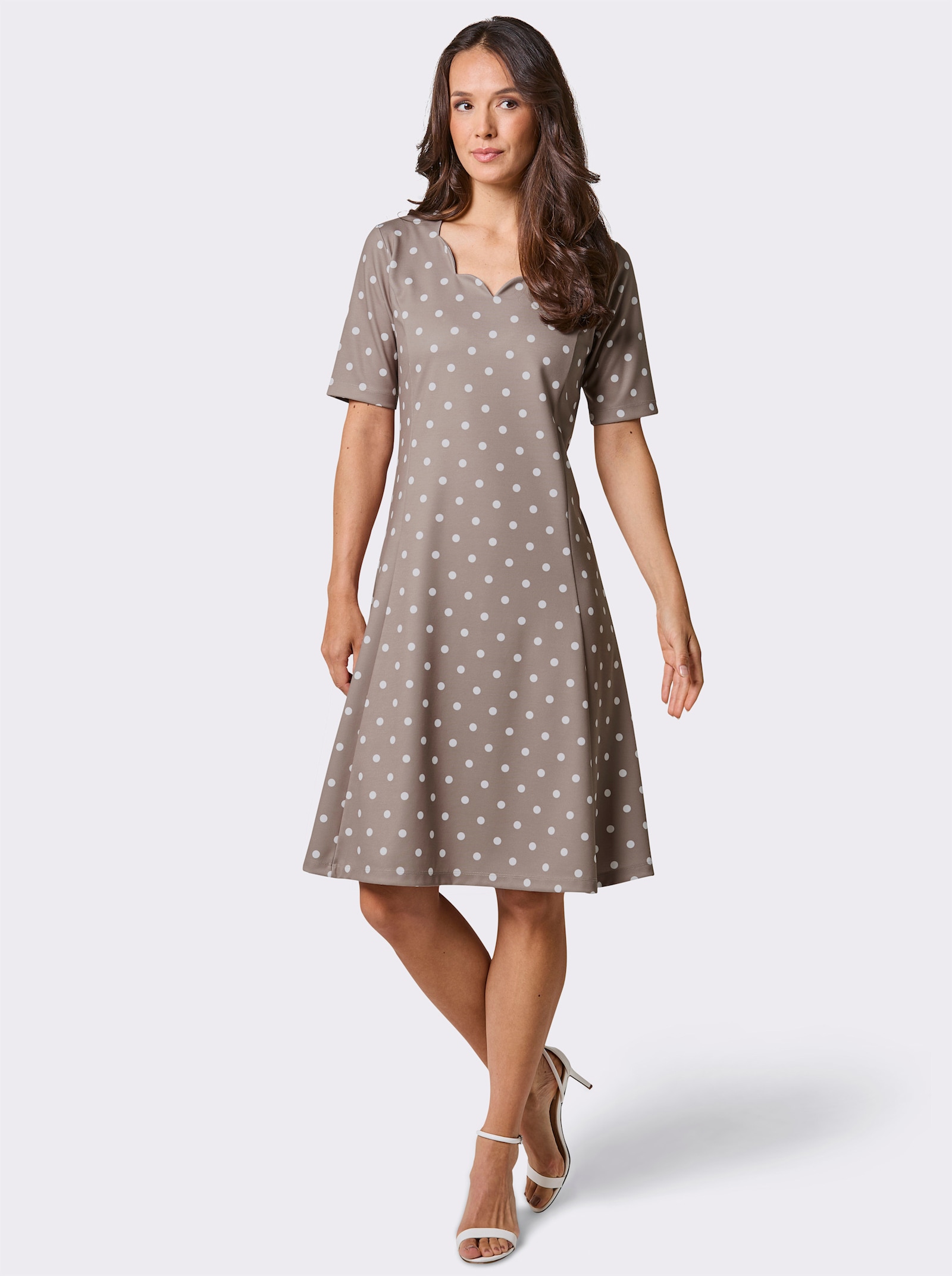 CREATION L PREMIUM Jerseykleid mit Wellen-Ausschnitt - taupe-ecru-getupft