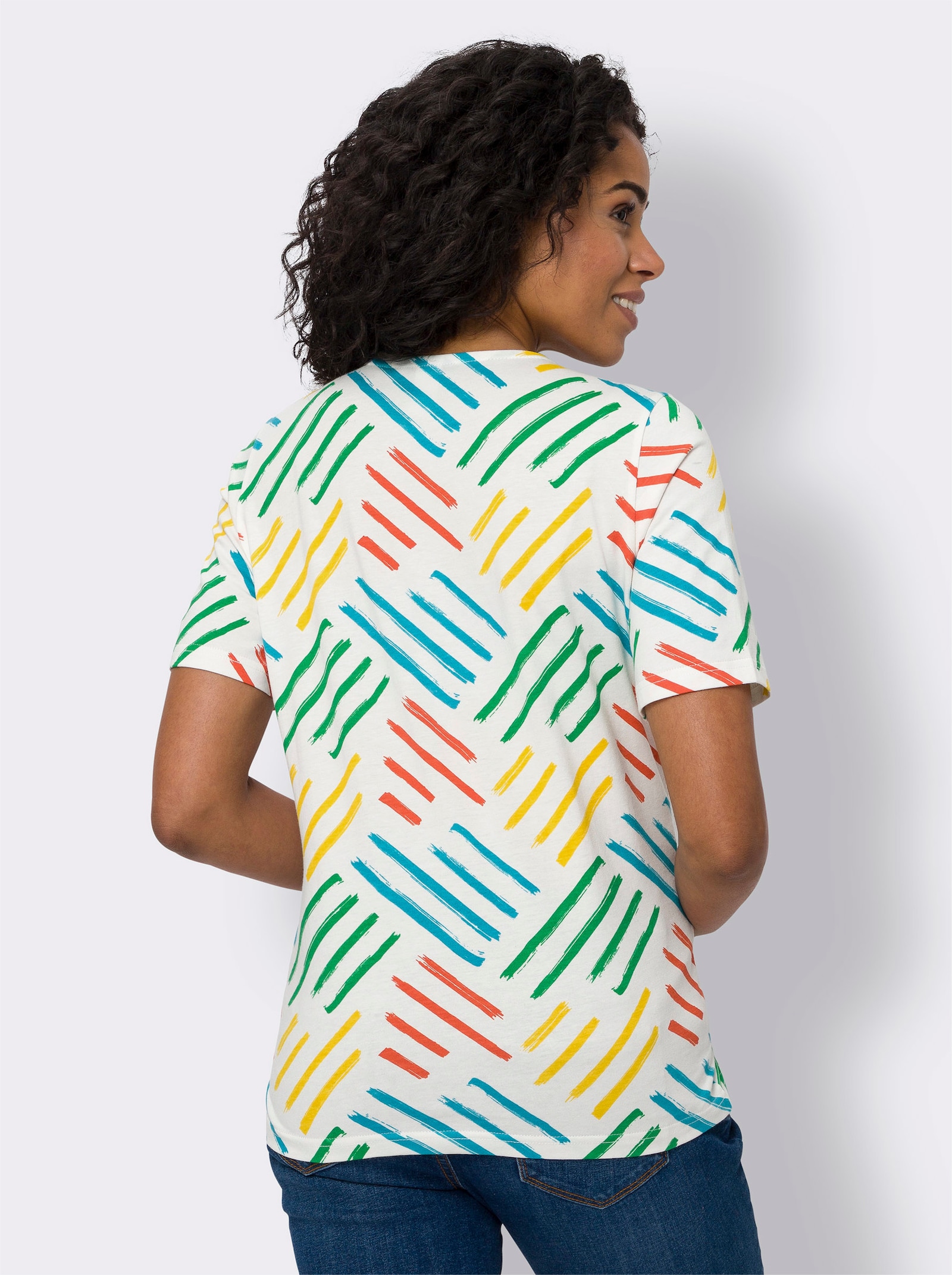 Kurzarmshirt mit Linien-Druck - ecru-türkis-bedruckt