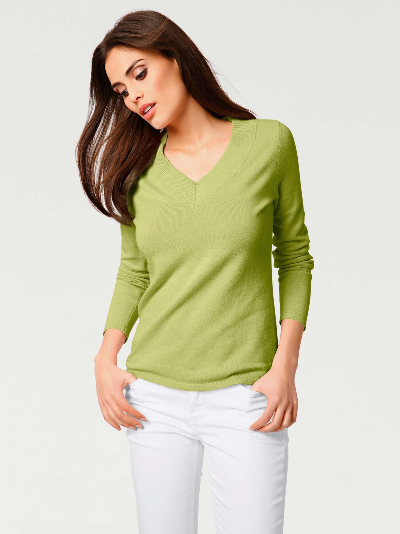 heine V-Ausschnitt-Pullover aus reiner Baumwolle - kiwi