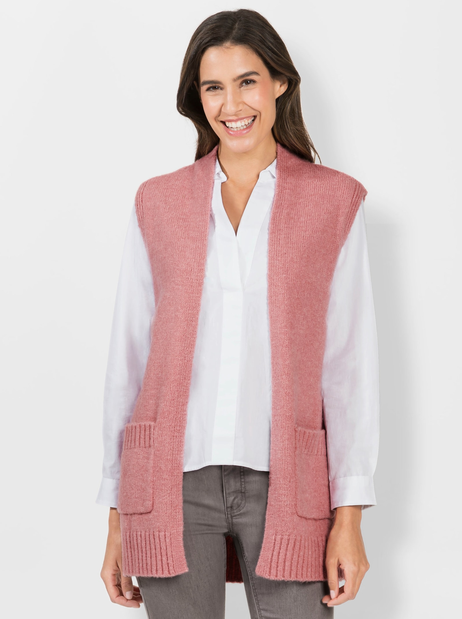 Lange bodywarmer van gemêleerd garen - rozenkwarts gemêleerd