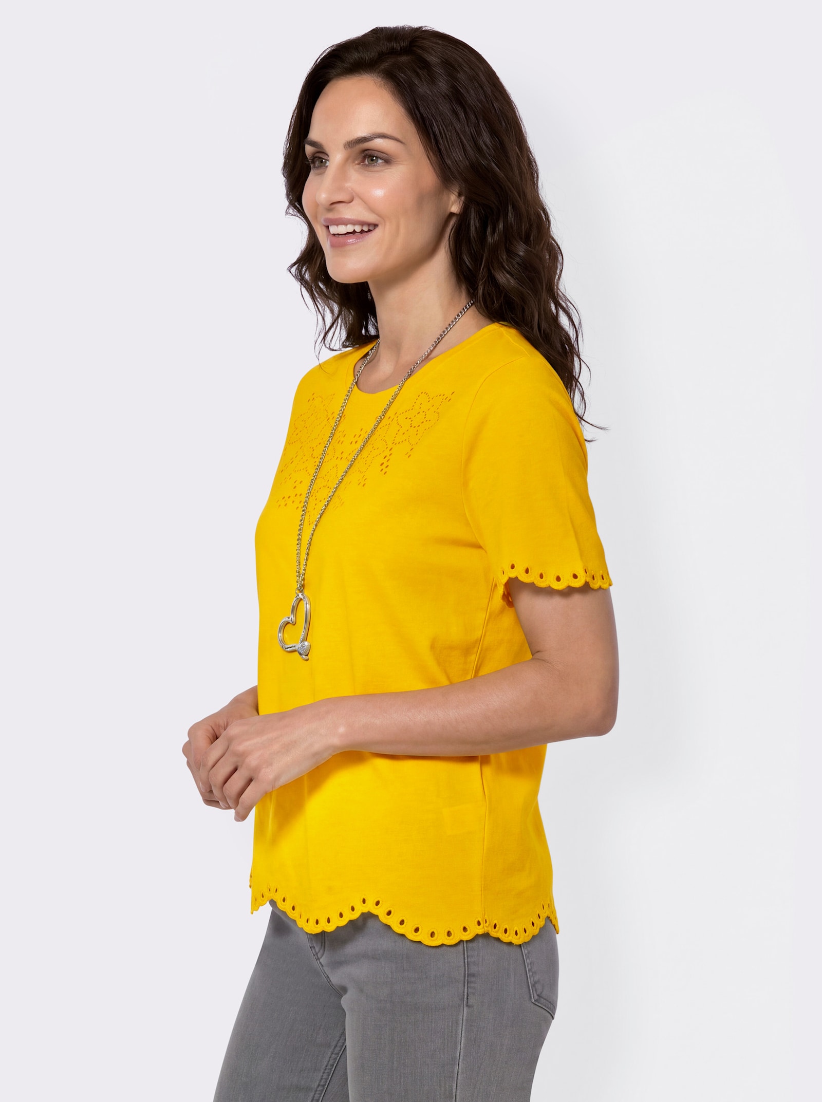 Kurzarmshirt mit Lochstickerei - sonnengelb