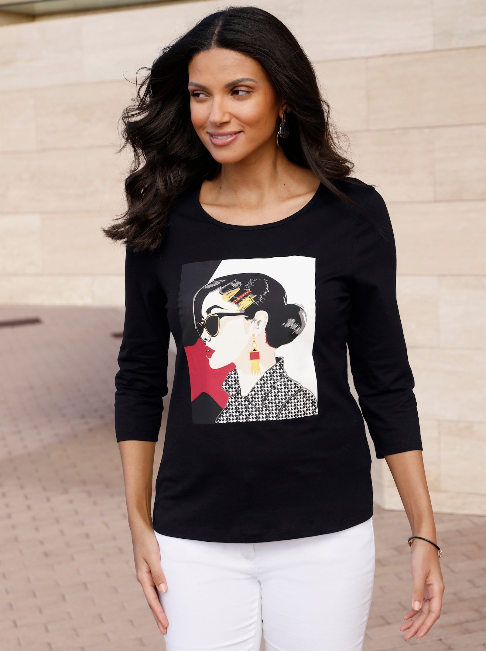 Rundhalsshirt mit goldfarbenem Folien-Print - schwarz-ecru-bedruckt