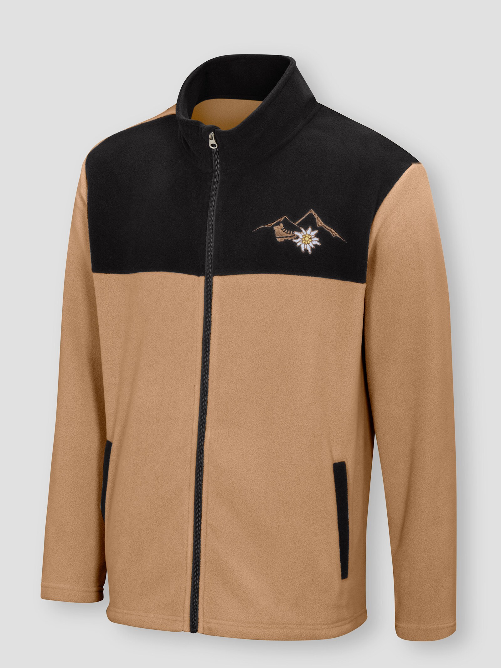 Fleecejacke mit Edelweiß-Stickerei - schwarz-camel