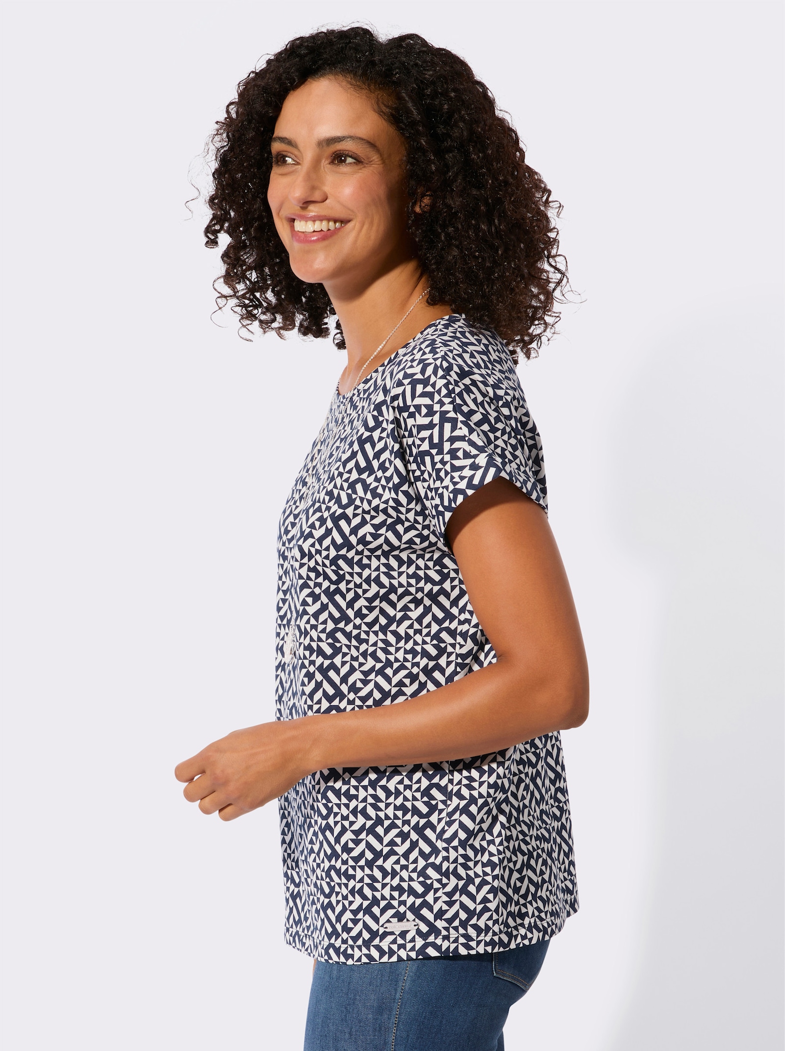 Print-Shirt mit paspeliertem Ausschnitt - marine-ecru