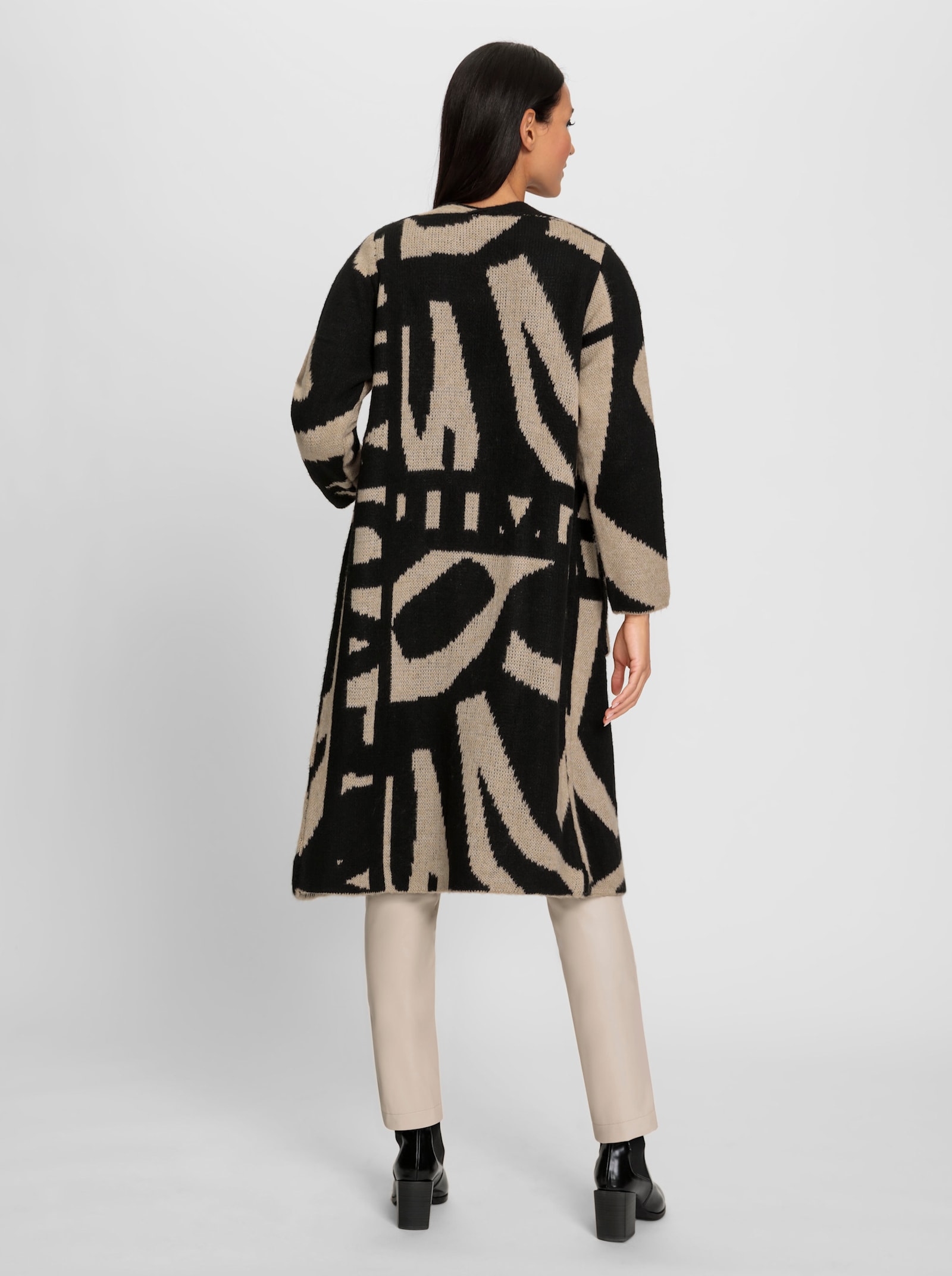 heine Lang vest met opgestikte zakken - zwart/beige gedessineerd