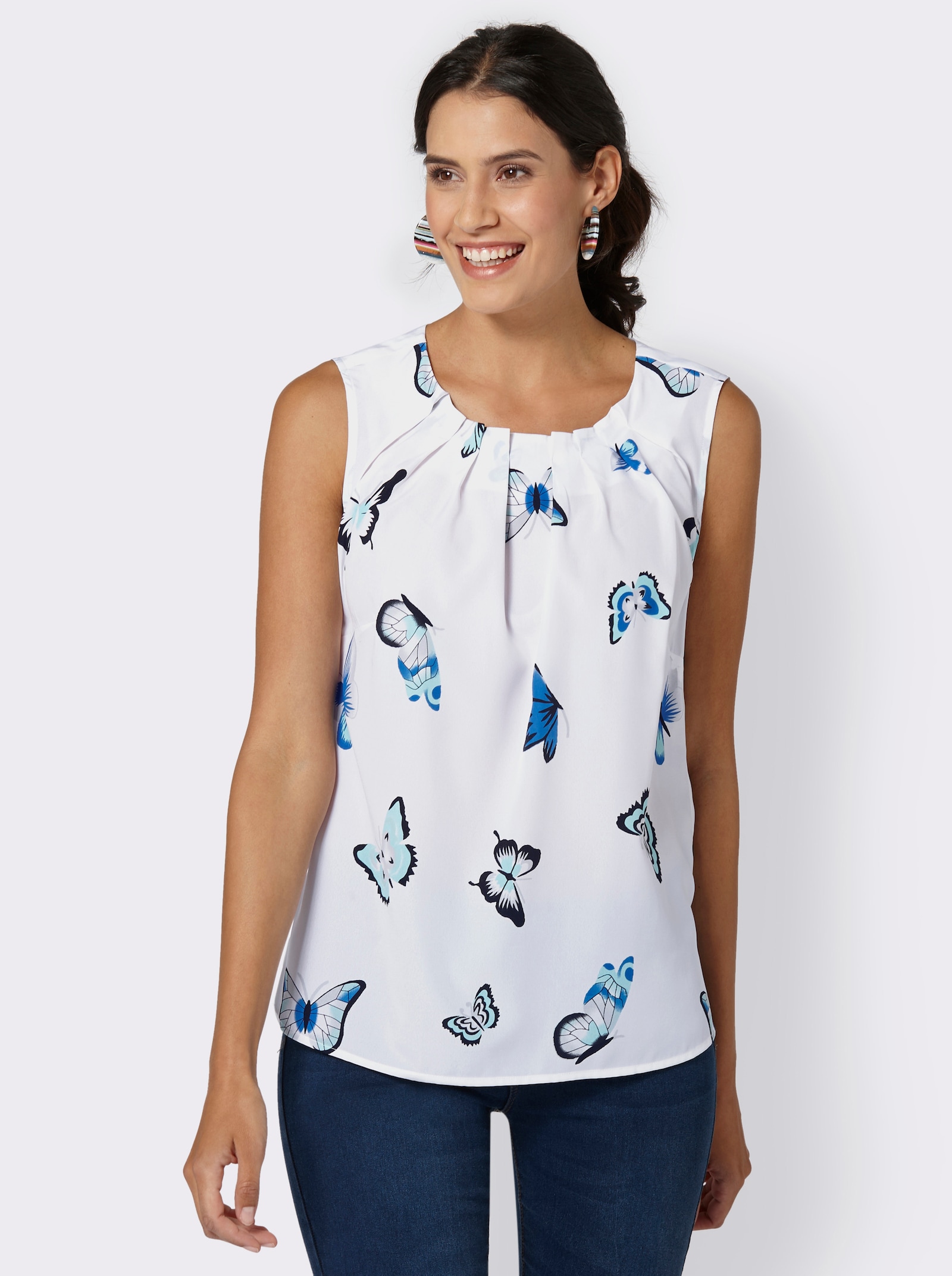 Blusentop mit Falten am Rundhals-Ausschnitt - weiß-bedruckt