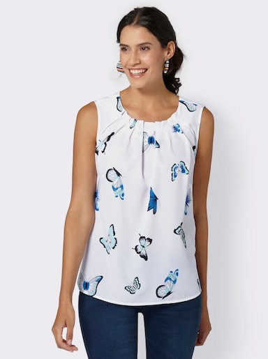 Blusentop mit Falten am Rundhals-Ausschnitt - weiß-bedruckt